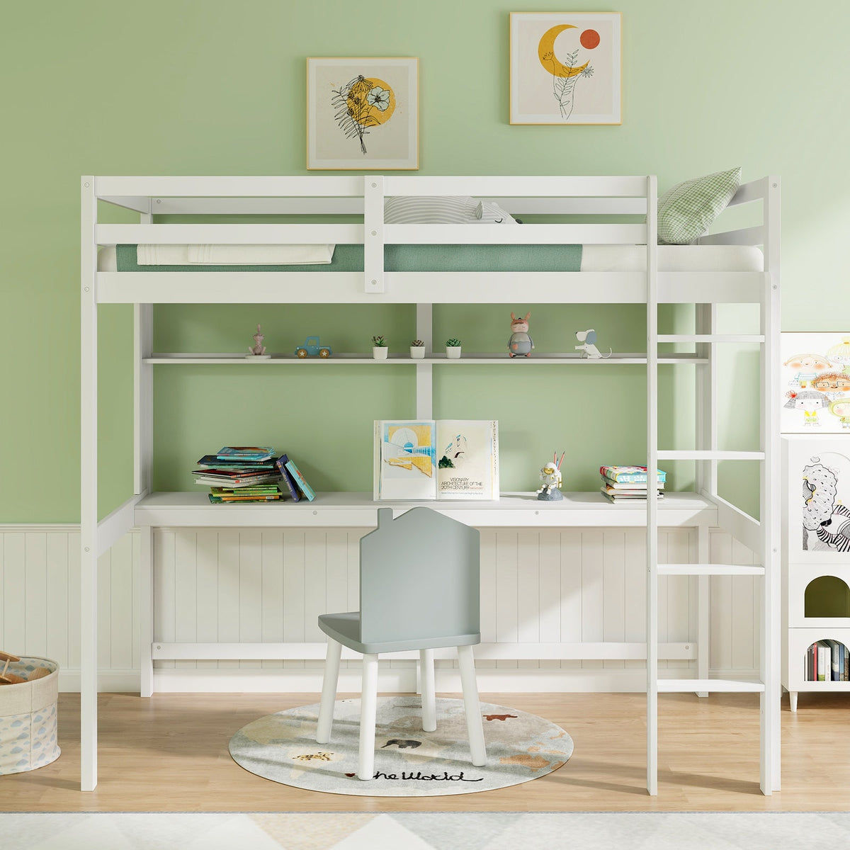 Twin Size 3-in-1 Solid Wood Loft Bed with Desk and Storage Shelf-Bunk Bed Frame-DECOROLALA
