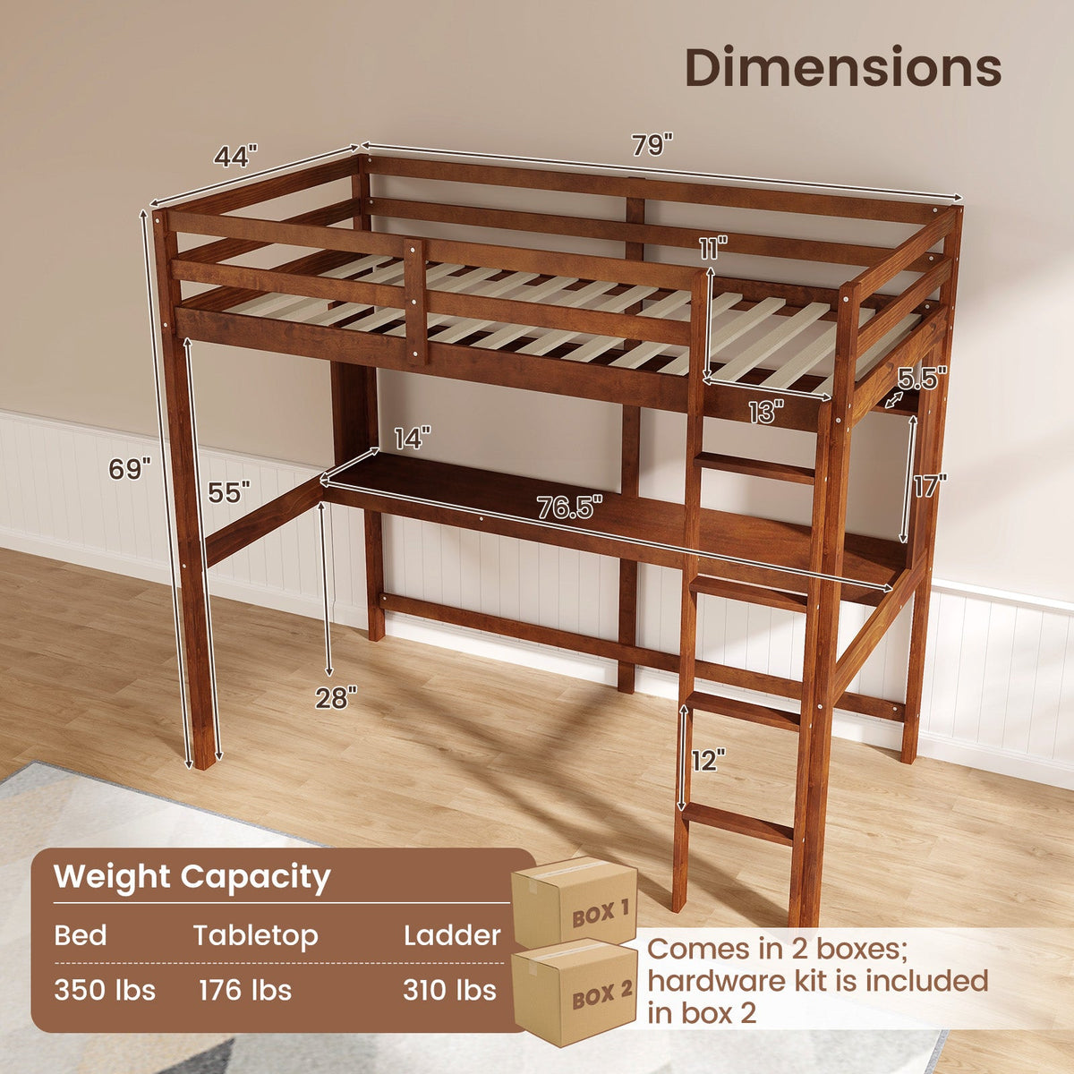 Twin Size 3-in-1 Solid Wood Loft Bed with Desk and Storage Shelf-Bunk Bed Frame-DECOROLALA