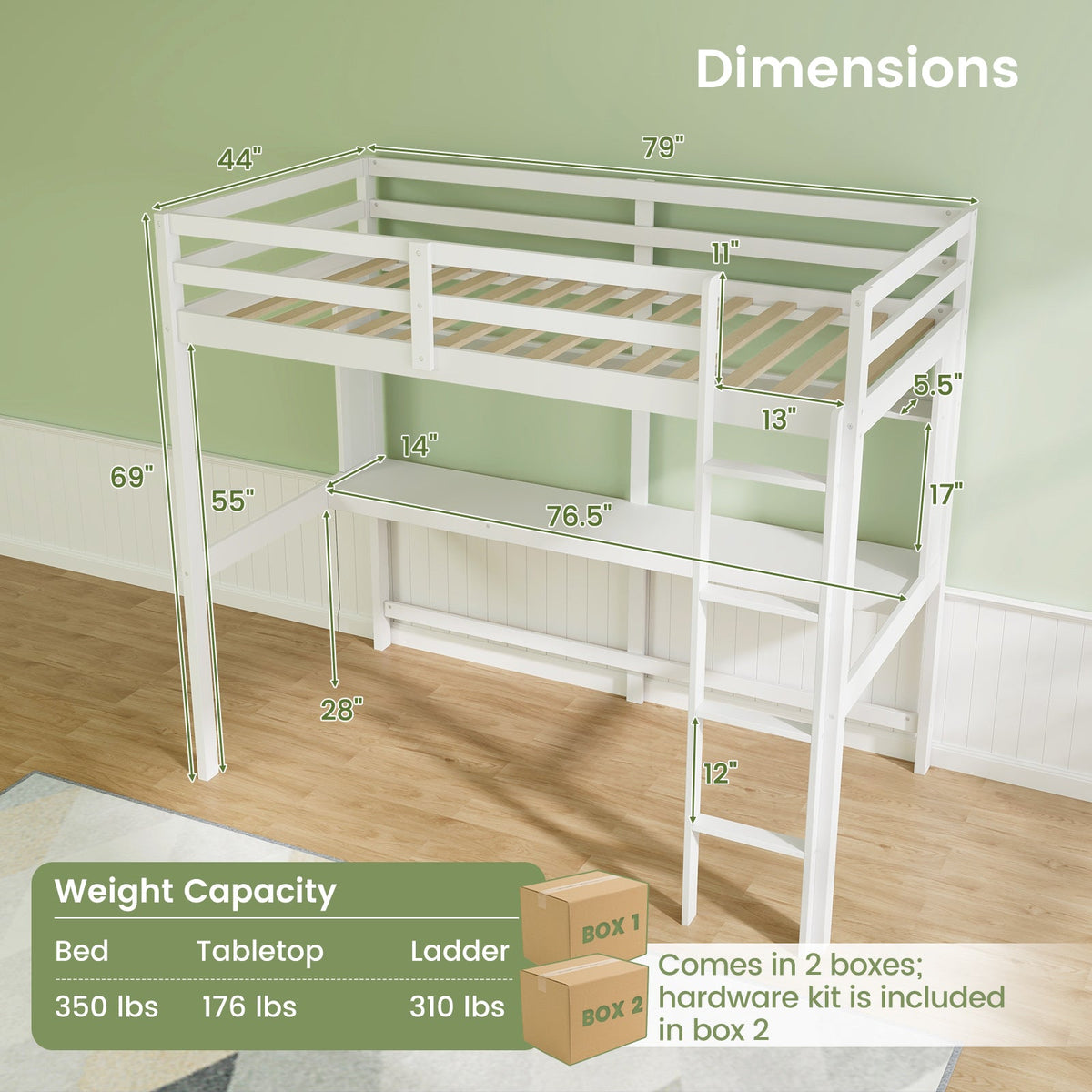 Twin Size 3-in-1 Solid Wood Loft Bed with Desk and Storage Shelf-Bunk Bed Frame-DECOROLALA