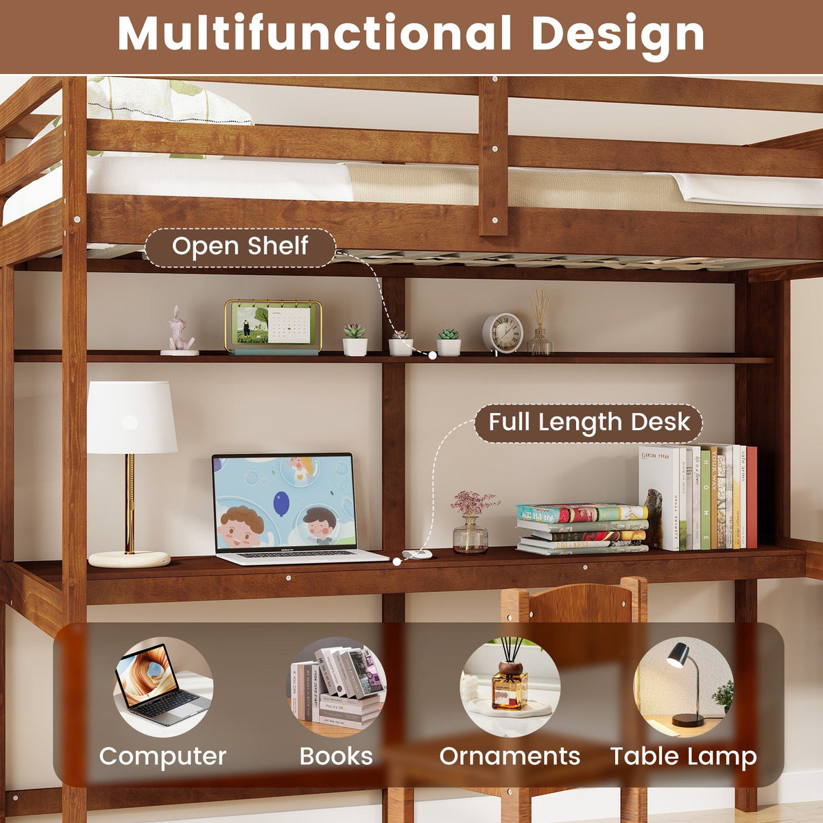 Twin Size 3-in-1 Solid Wood Loft Bed with Desk and Storage Shelf-Bunk Bed Frame-DECOROLALA