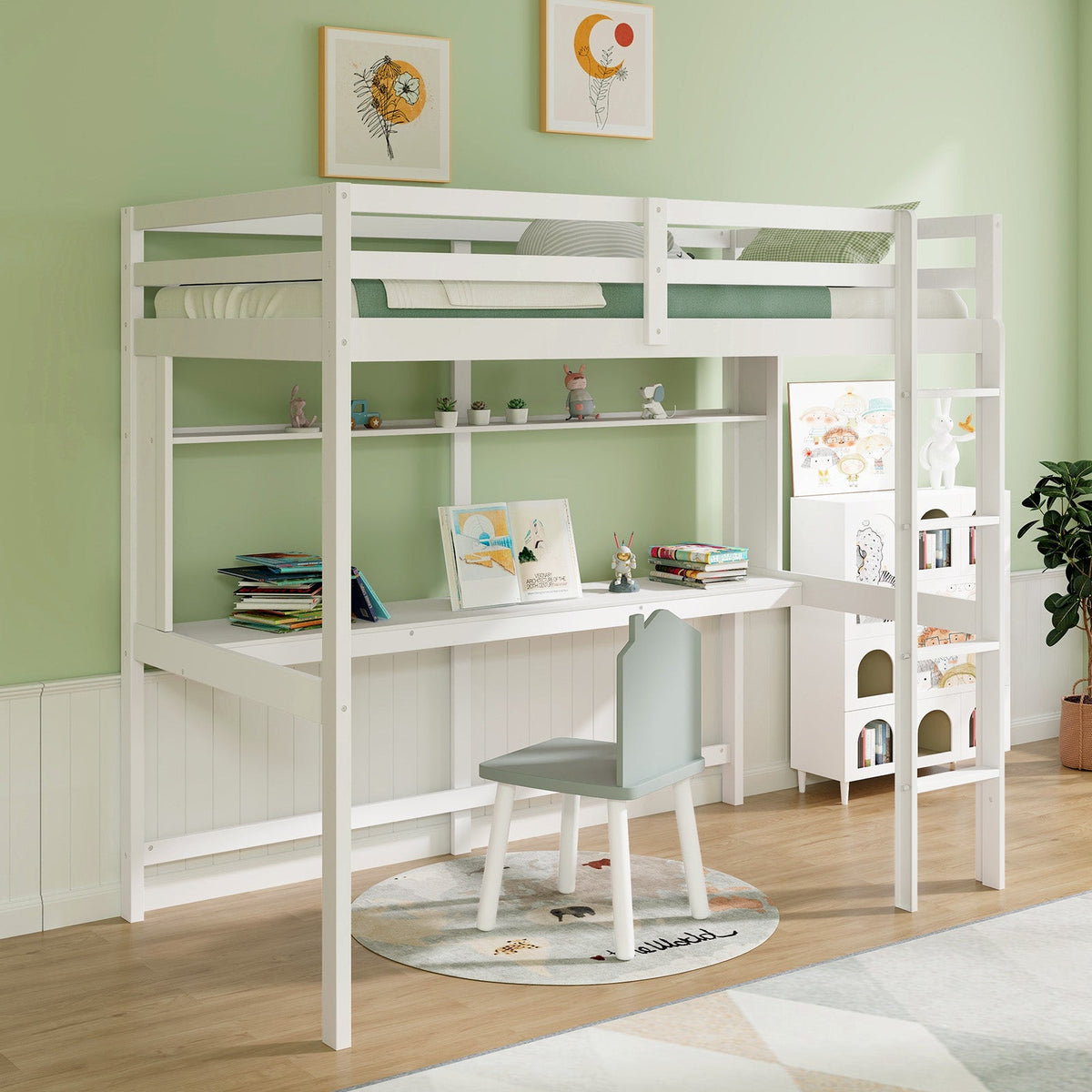 Twin Size 3-in-1 Solid Wood Loft Bed with Desk and Storage Shelf-Bunk Bed Frame-DECOROLALA