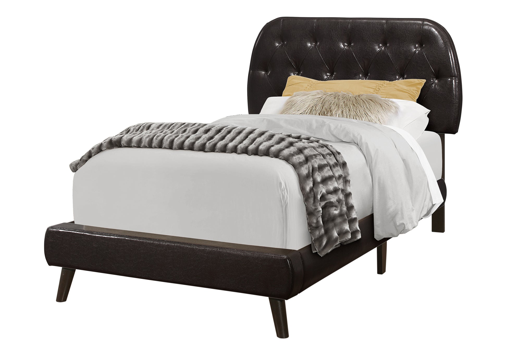 Twin Size Bed Brown Leather-Look Diamond Tufted-Bed-DECOROLALA