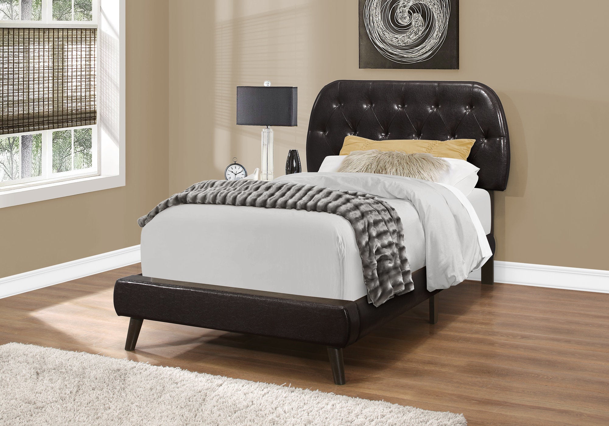 Twin Size Bed Brown Leather-Look Diamond Tufted-Bed-DECOROLALA