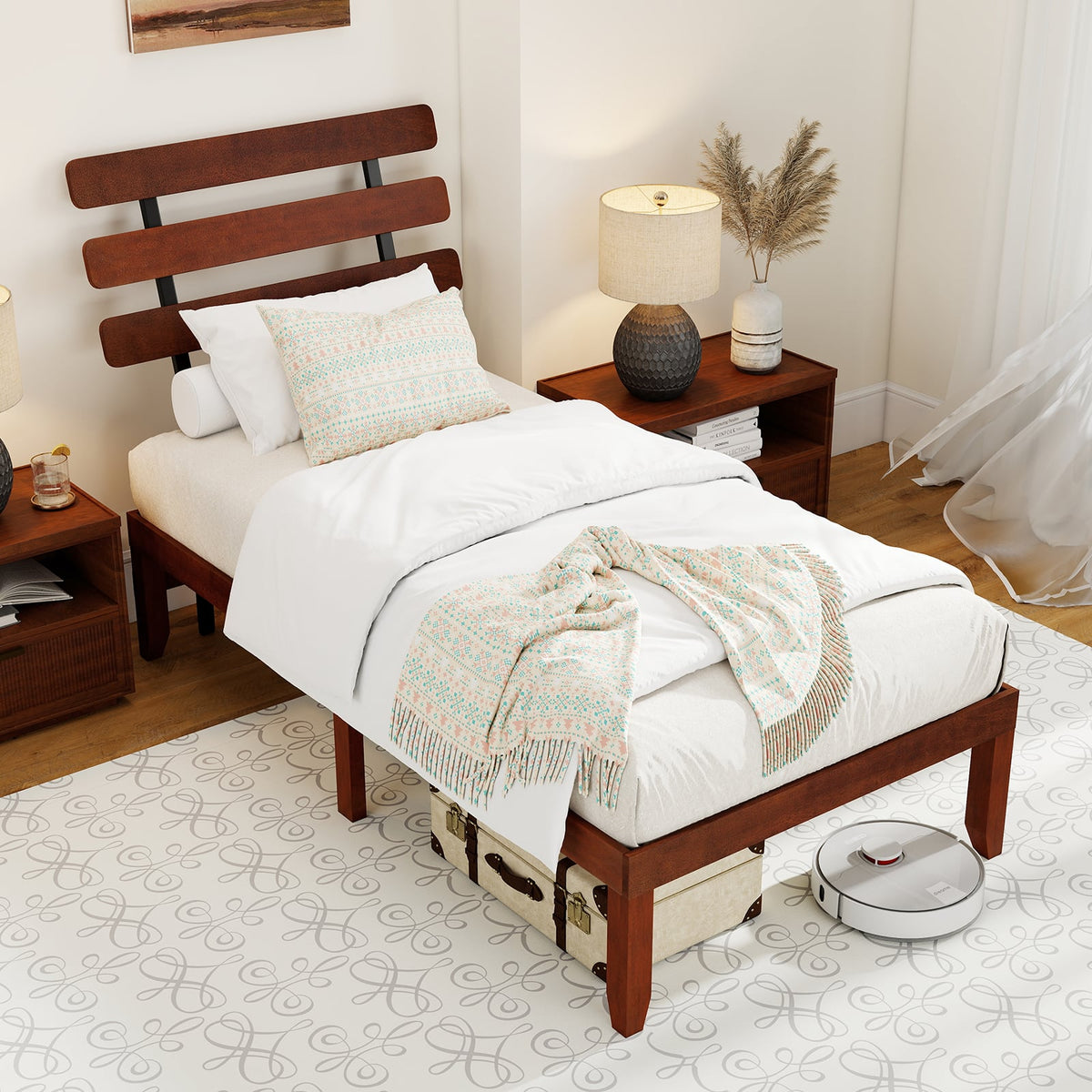 Twin Size Bed Frame 15.5 Inch Solid Wood Platform Bed with Retro Headboard-Simple Bed Frame-DECOROLALA