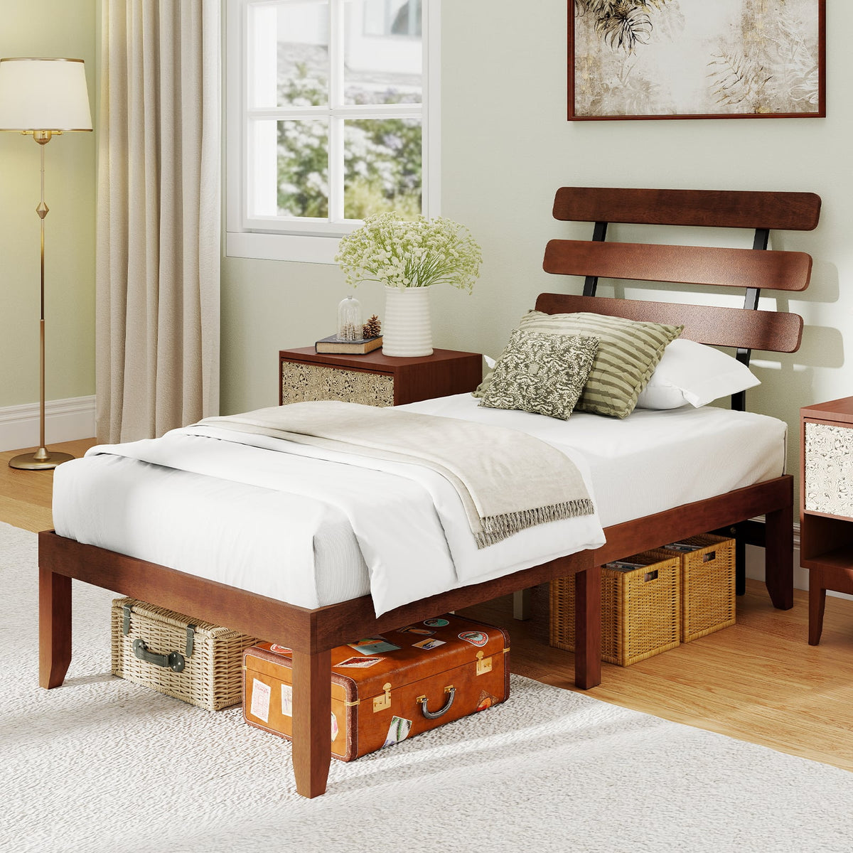Twin Size Bed Frame 15.5 Inch Solid Wood Platform Bed with Retro Headboard-Simple Bed Frame-DECOROLALA