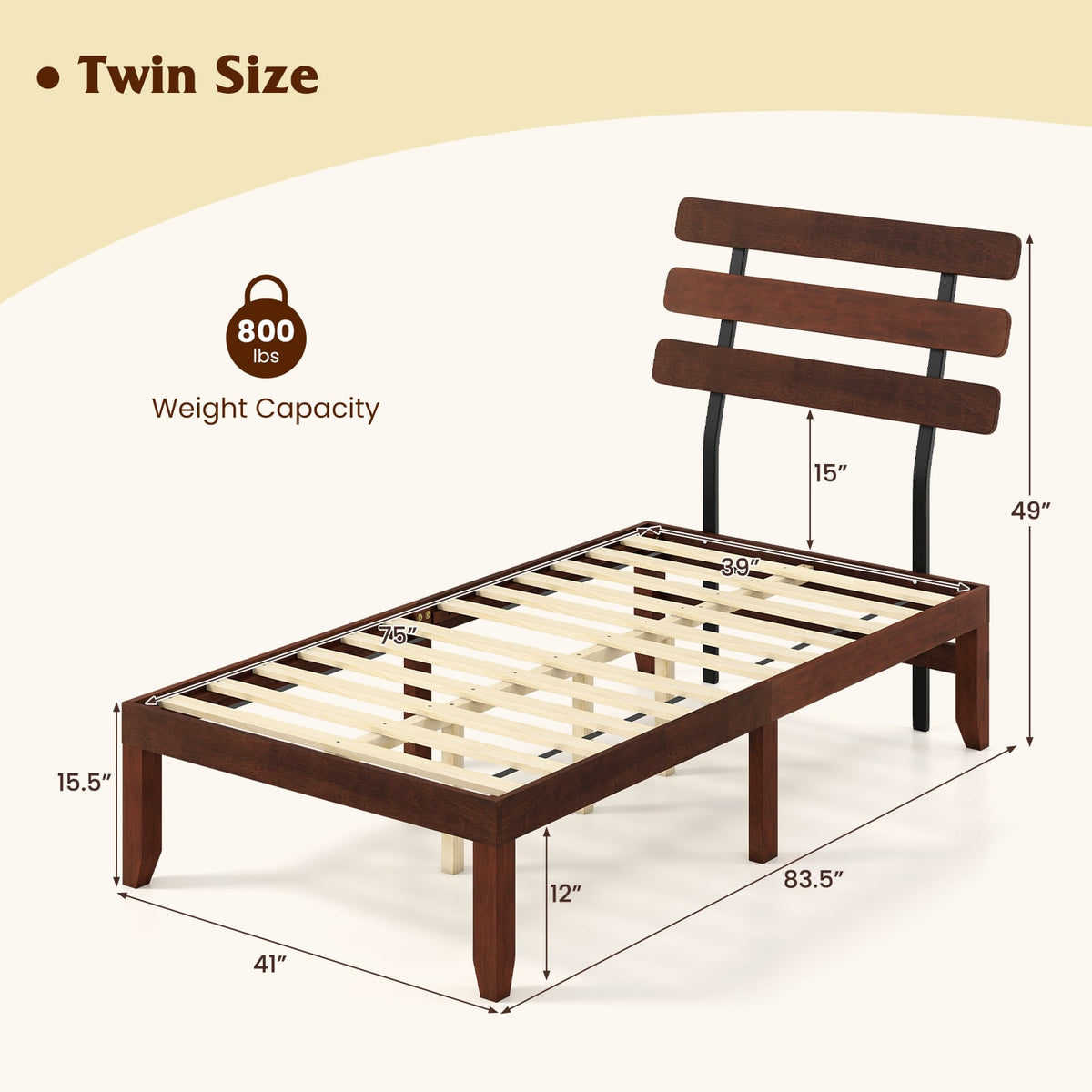 Twin Size Bed Frame 15.5 Inch Solid Wood Platform Bed with Retro Headboard-Simple Bed Frame-DECOROLALA