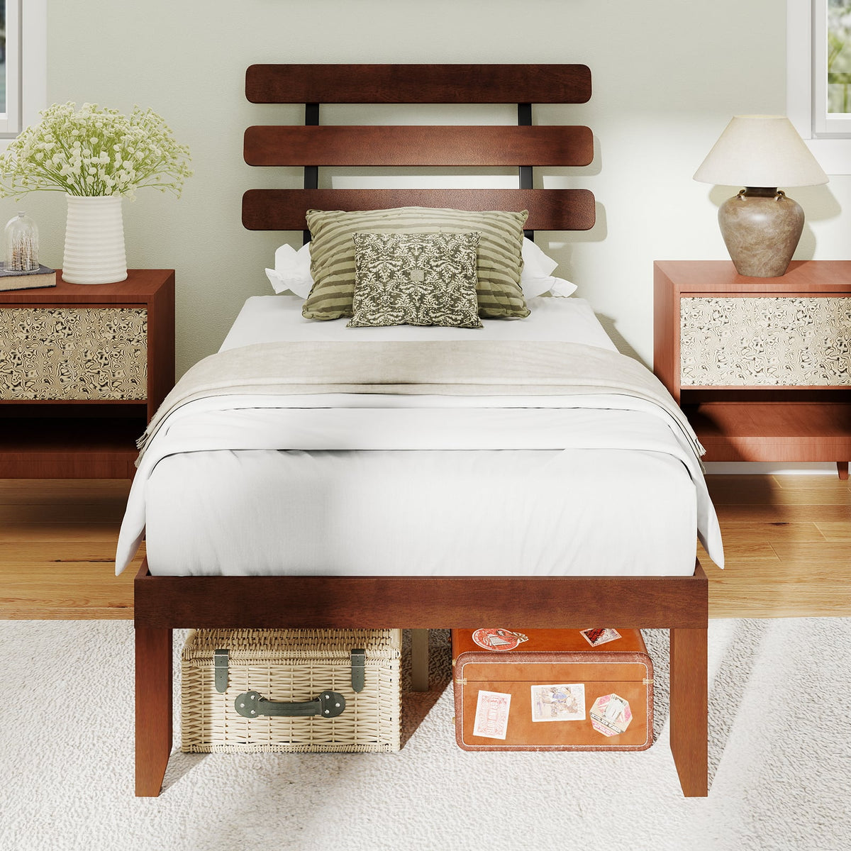 Twin Size Bed Frame 15.5 Inch Solid Wood Platform Bed with Retro Headboard-Simple Bed Frame-DECOROLALA