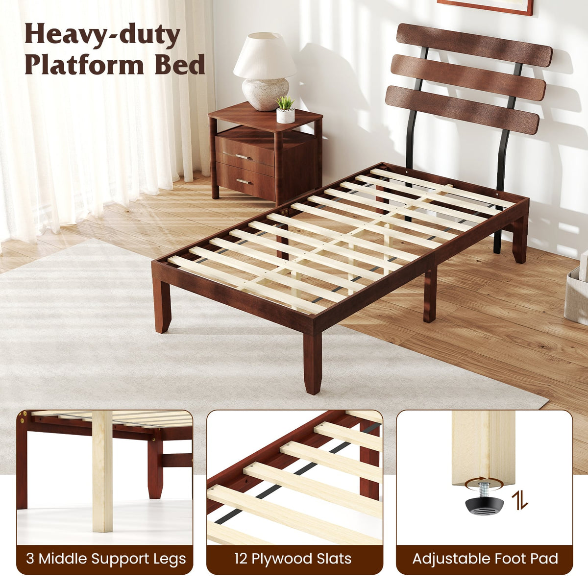 Twin Size Bed Frame 15.5 Inch Solid Wood Platform Bed with Retro Headboard-Simple Bed Frame-DECOROLALA