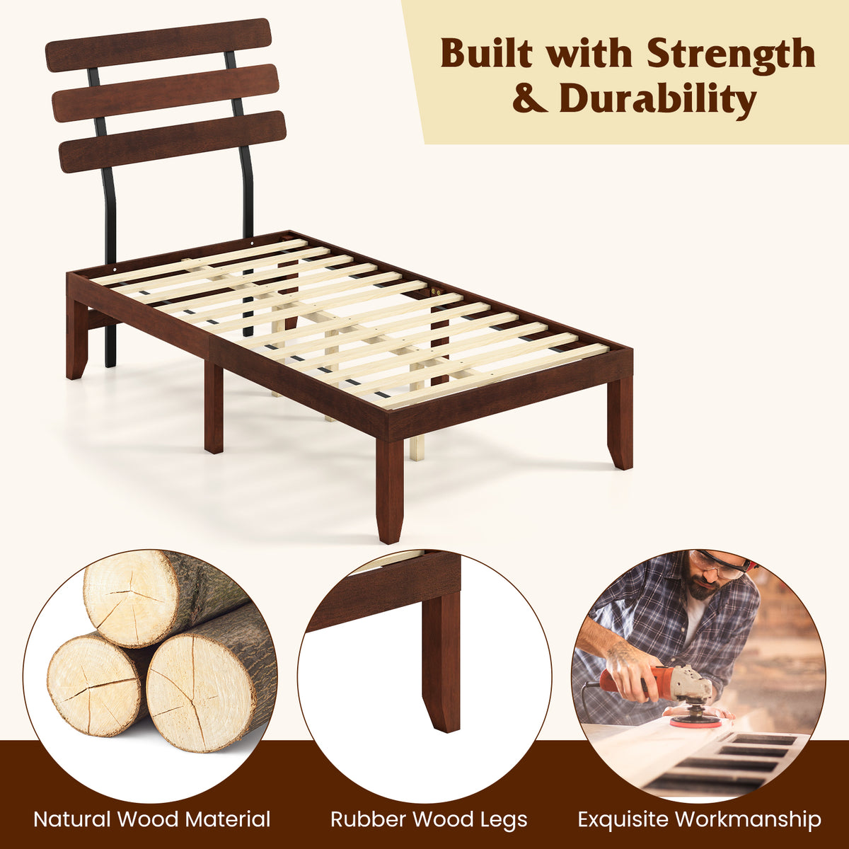 Twin Size Bed Frame 15.5 Inch Solid Wood Platform Bed with Retro Headboard-Simple Bed Frame-DECOROLALA