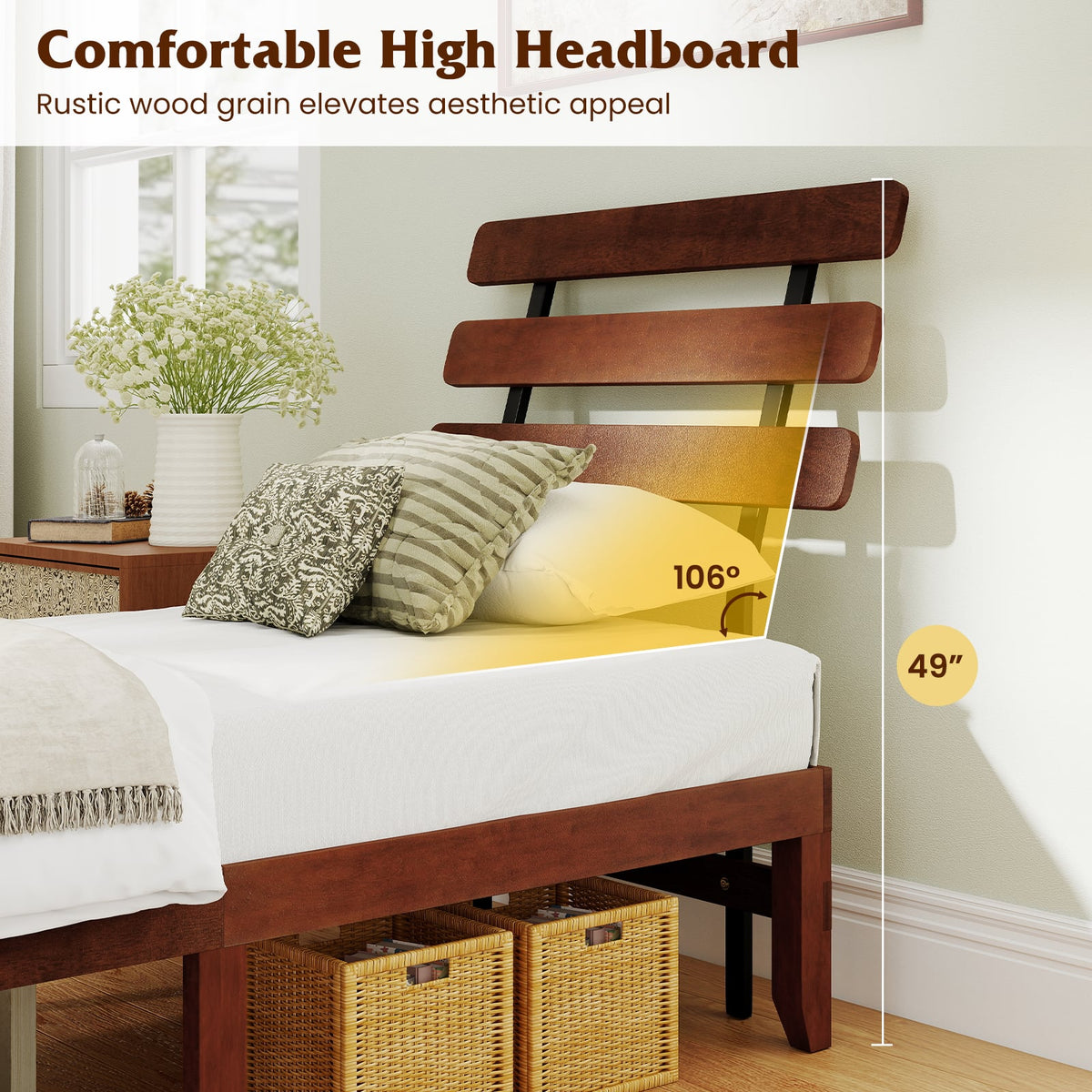 Twin Size Bed Frame 15.5 Inch Solid Wood Platform Bed with Retro Headboard-Simple Bed Frame-DECOROLALA