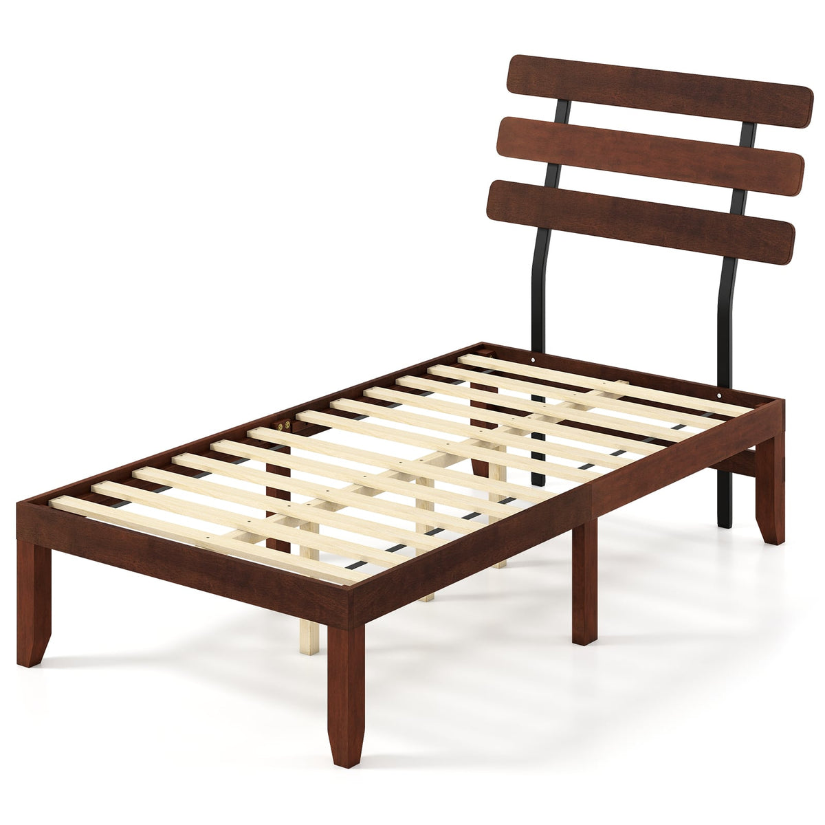 Twin Size Bed Frame 15.5 Inch Solid Wood Platform Bed with Retro Headboard-Simple Bed Frame-DECOROLALA
