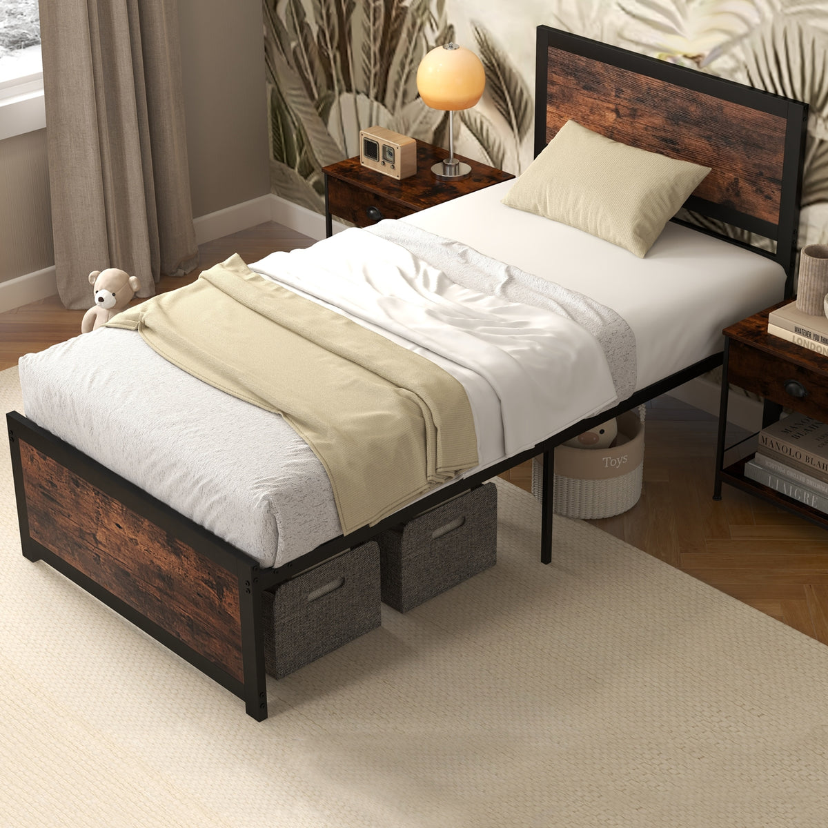 Twin Size Bed Frame Metal with High Headboard and Mute Bars-Twin Size-Simple Bed Frame-DECOROLALA