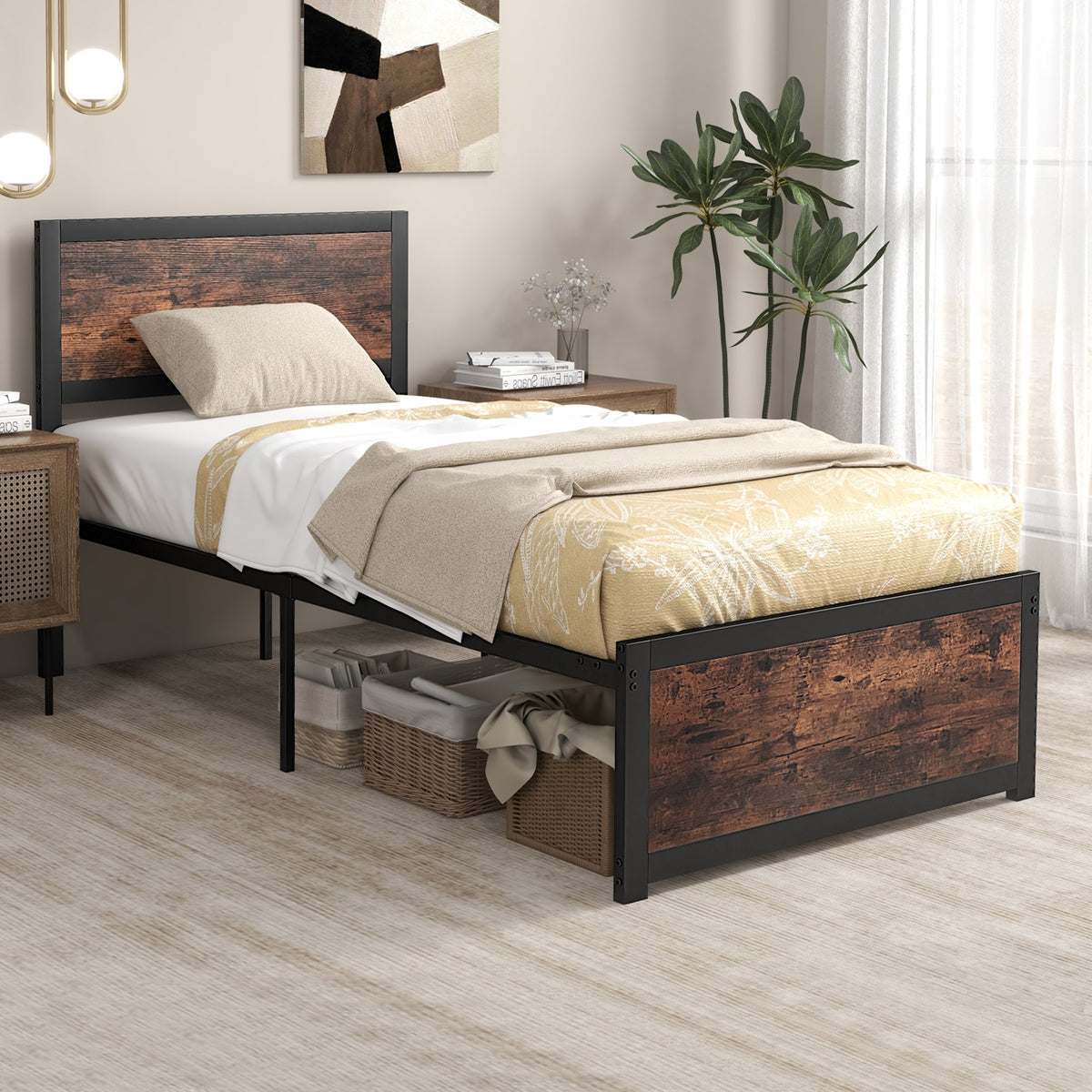 Twin Size Bed Frame Metal with High Headboard and Mute Bars-Twin Size-Simple Bed Frame-DECOROLALA