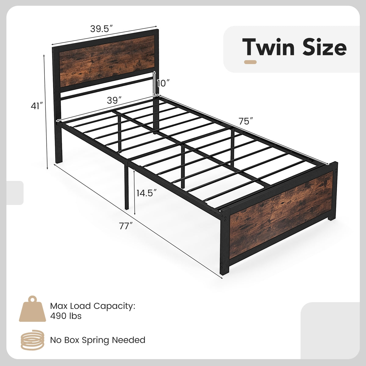 Twin Size Bed Frame Metal with High Headboard and Mute Bars-Twin Size-Simple Bed Frame-DECOROLALA