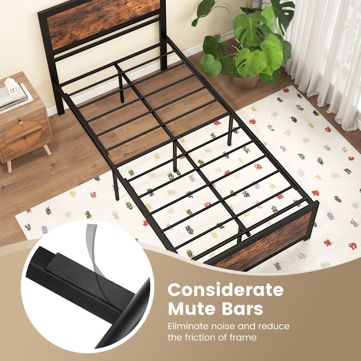 Twin Size Bed Frame Metal with High Headboard and Mute Bars-Twin Size-Simple Bed Frame-DECOROLALA