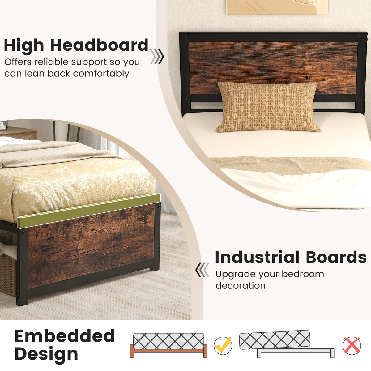 Twin Size Bed Frame Metal with High Headboard and Mute Bars-Twin Size-Simple Bed Frame-DECOROLALA