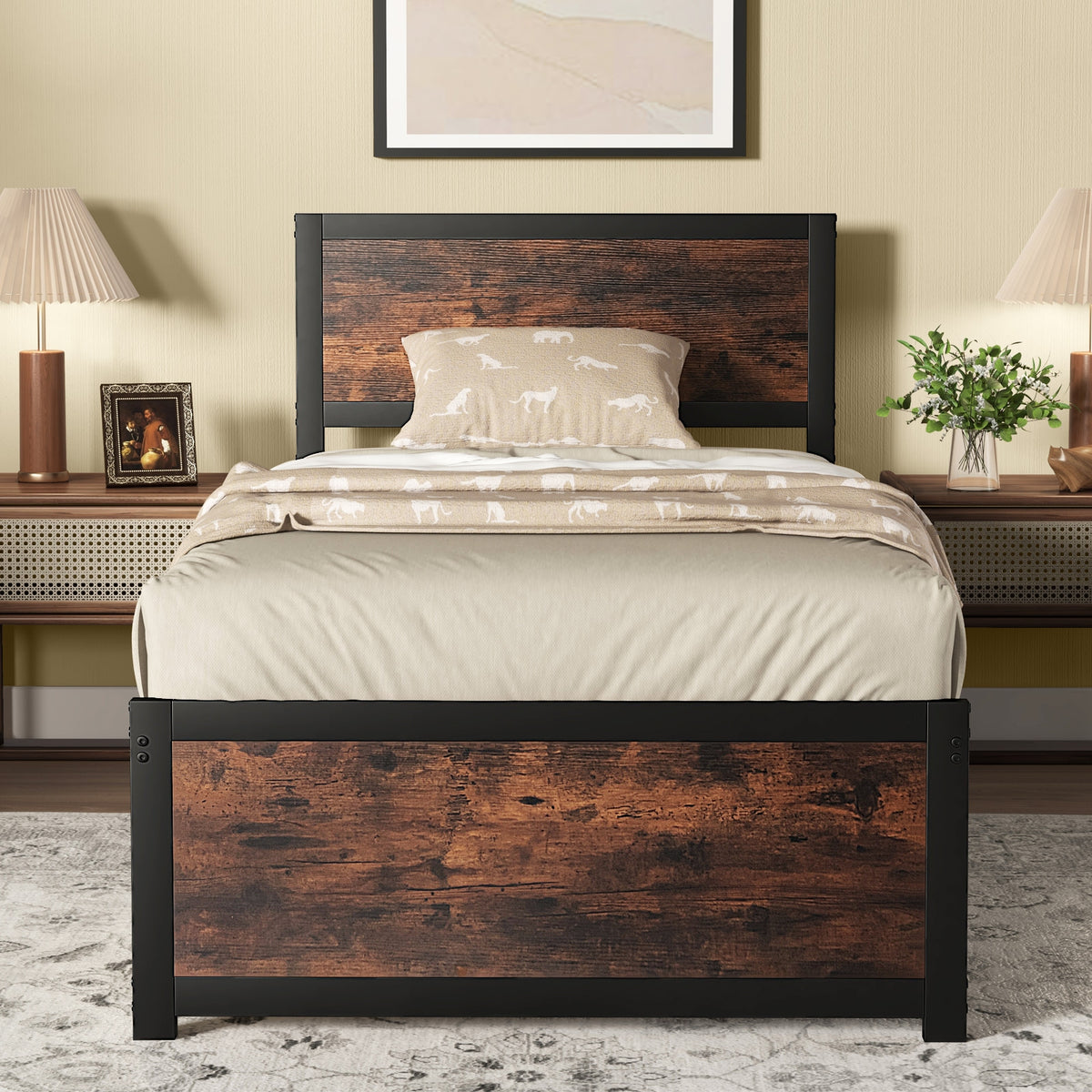 Twin Size Bed Frame Metal with High Headboard and Mute Bars-Twin Size-Simple Bed Frame-DECOROLALA
