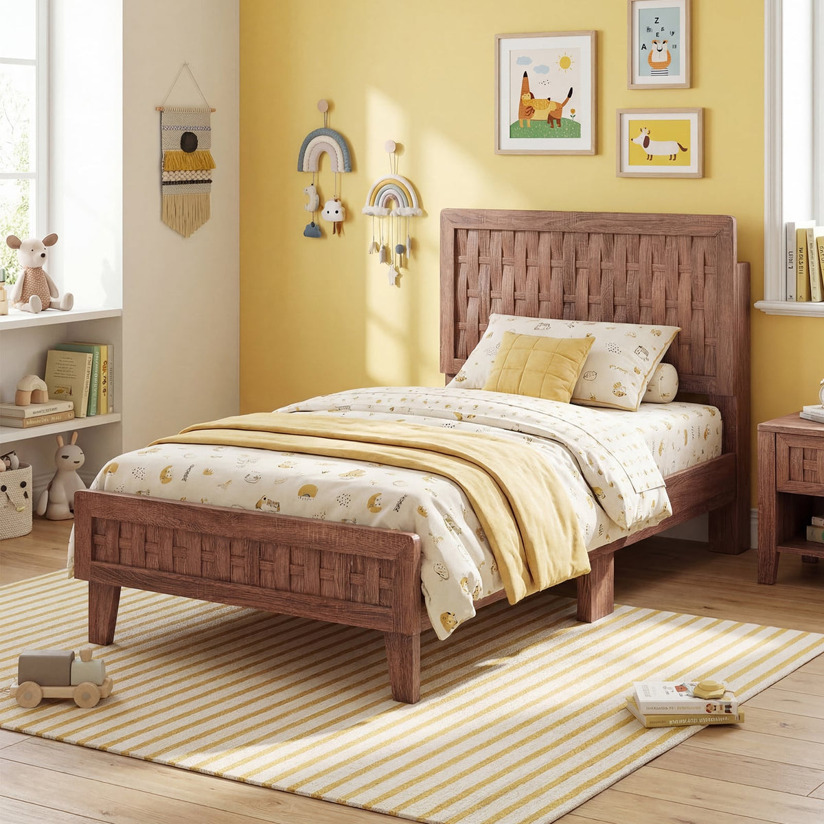 Twin Size Bed Frame Mid Century with Woven Accent Headboard-Simple Bed Frame-DECOROLALA