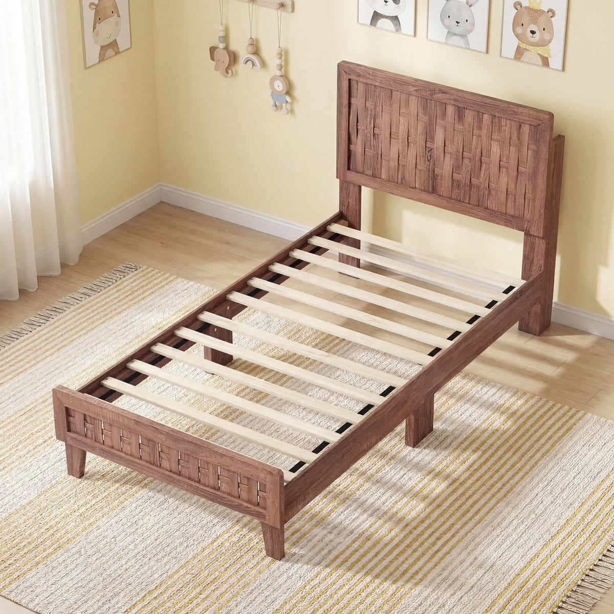 Twin Size Bed Frame Mid Century with Woven Accent Headboard-Simple Bed Frame-DECOROLALA