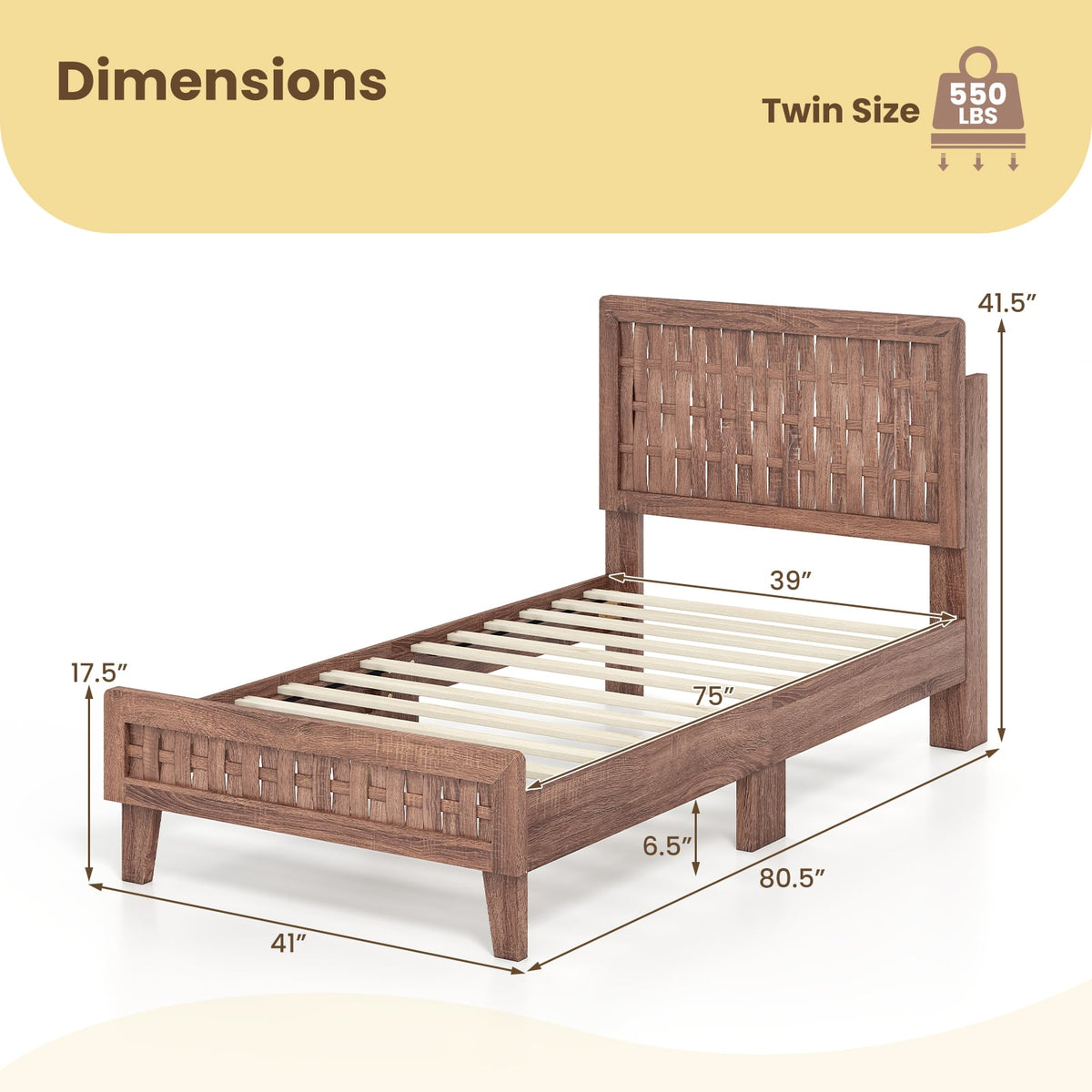 Twin Size Bed Frame Mid Century with Woven Accent Headboard-Simple Bed Frame-DECOROLALA