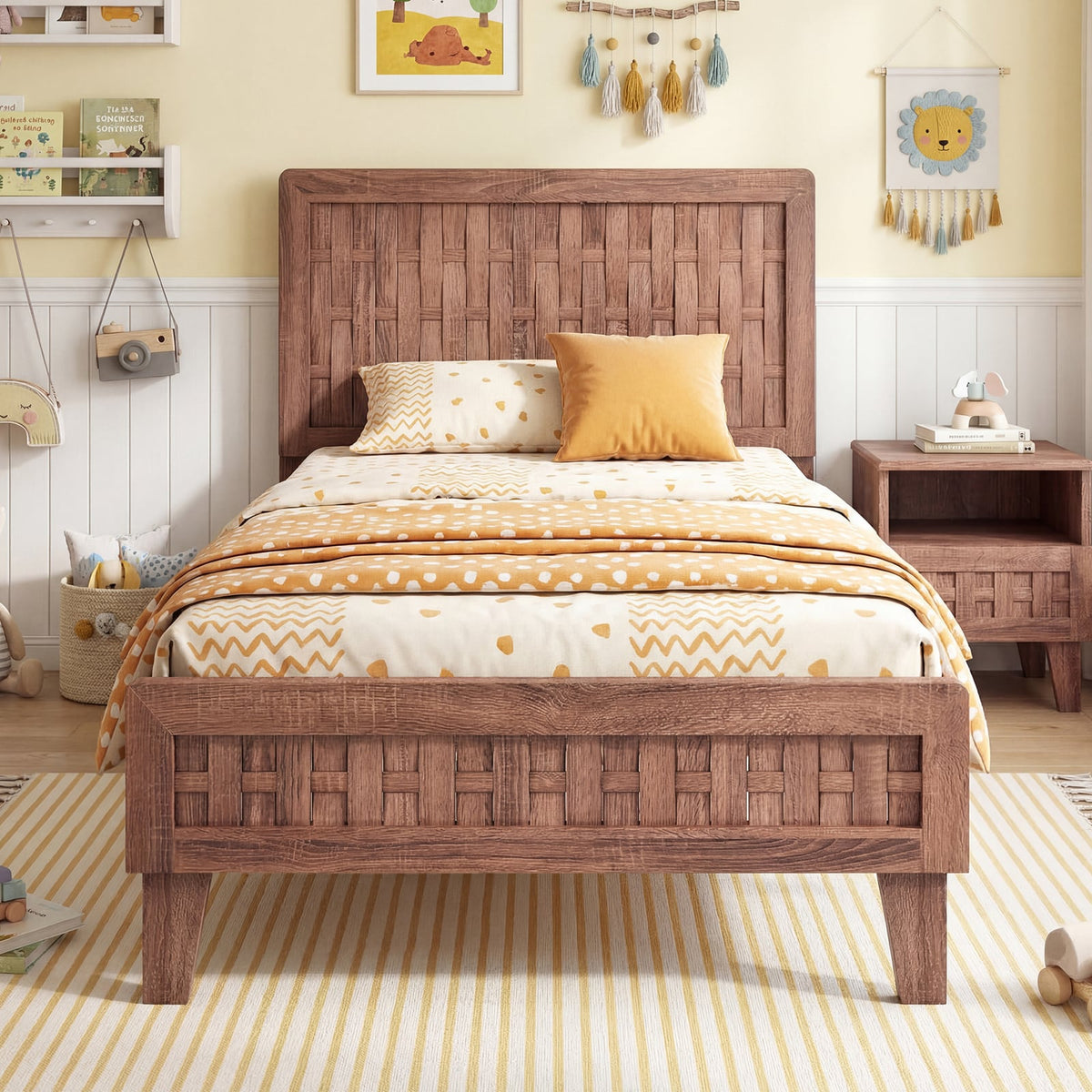 Twin Size Bed Frame Mid Century with Woven Accent Headboard-Simple Bed Frame-DECOROLALA