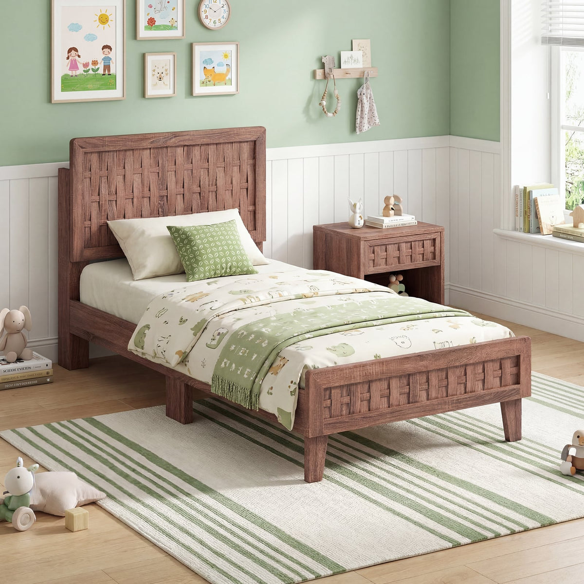 Twin Size Bed Frame Mid Century with Woven Accent Headboard-Simple Bed Frame-DECOROLALA