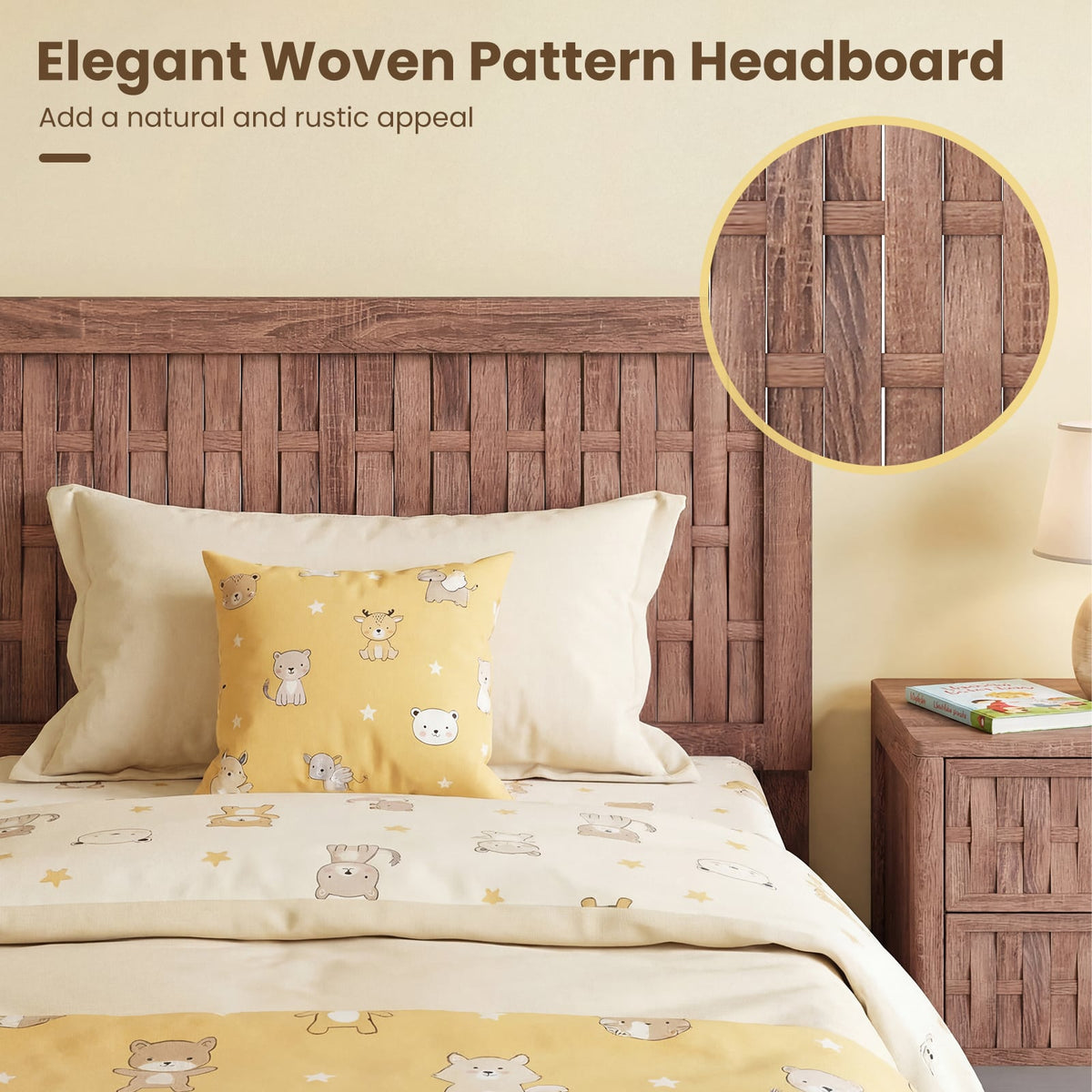 Twin Size Bed Frame Mid Century with Woven Accent Headboard-Simple Bed Frame-DECOROLALA