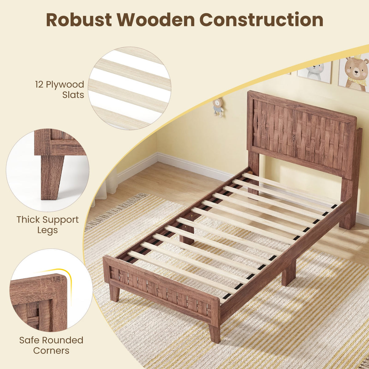 Twin Size Bed Frame Mid Century with Woven Accent Headboard-Simple Bed Frame-DECOROLALA