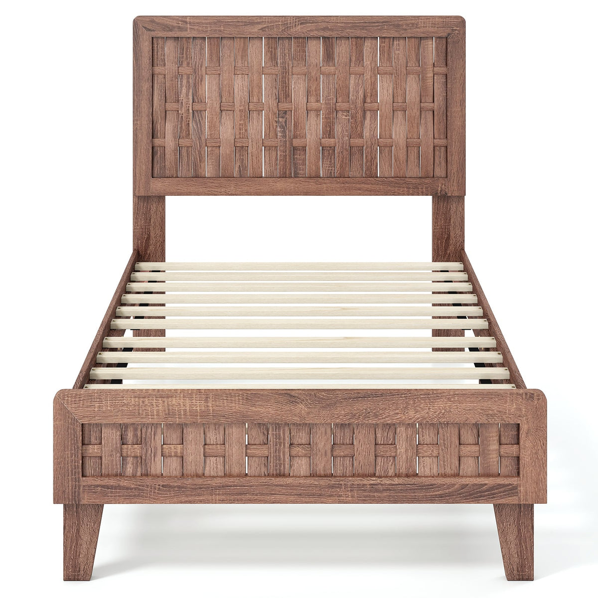Twin Size Bed Frame Mid Century with Woven Accent Headboard-Simple Bed Frame-DECOROLALA