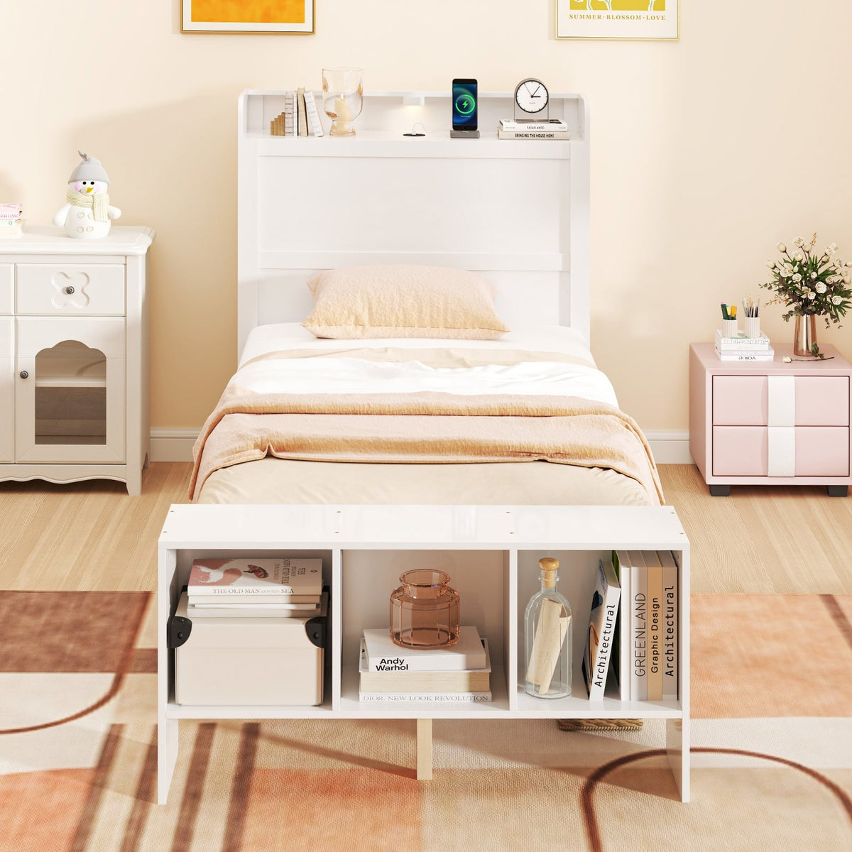Twin Size Bed Frame with 2 USB Ports with Storage Headboard and Lights-Twin Size-Simple Bed Frame-DECOROLALA