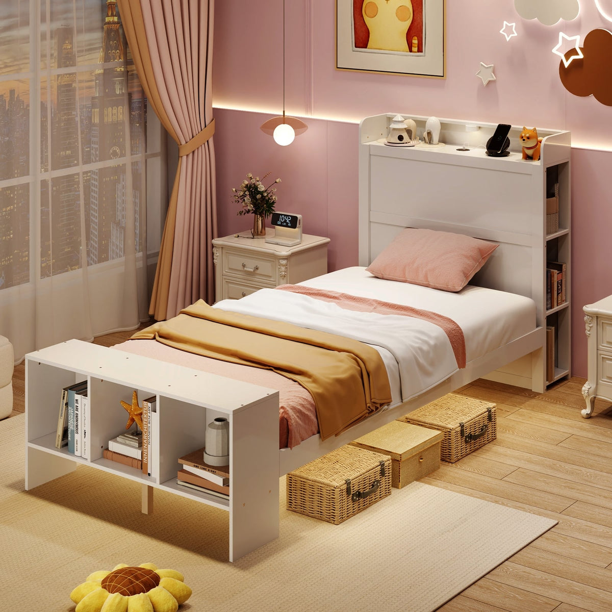 Twin Size Bed Frame with 2 USB Ports with Storage Headboard and Lights-Twin Size-Simple Bed Frame-DECOROLALA