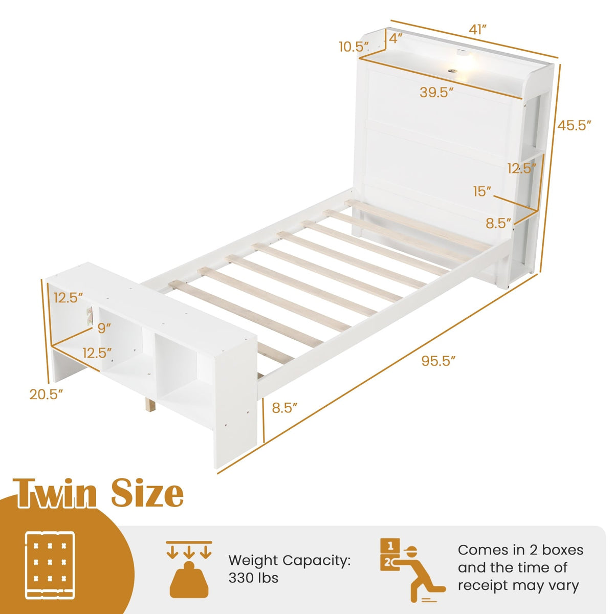 Twin Size Bed Frame with 2 USB Ports with Storage Headboard and Lights-Twin Size-Simple Bed Frame-DECOROLALA