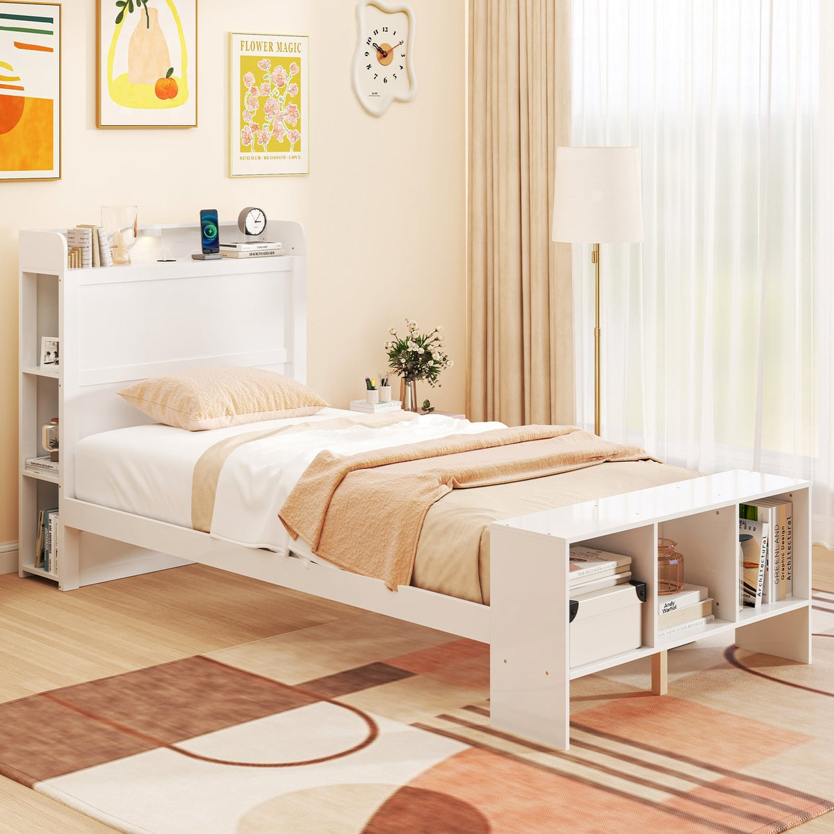Twin Size Bed Frame with 2 USB Ports with Storage Headboard and Lights-Twin Size-Simple Bed Frame-DECOROLALA