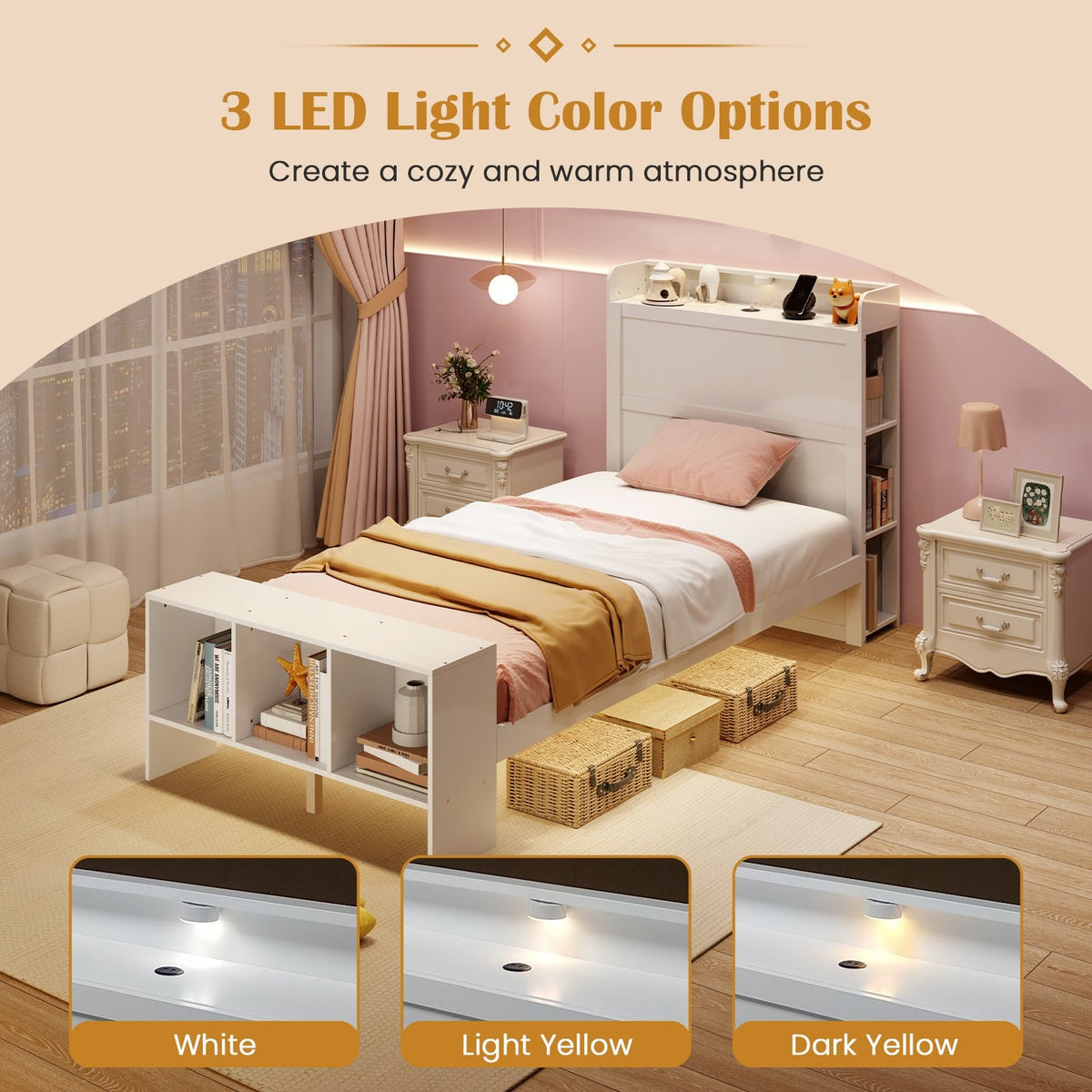 Twin Size Bed Frame with 2 USB Ports with Storage Headboard and Lights-Twin Size-Simple Bed Frame-DECOROLALA