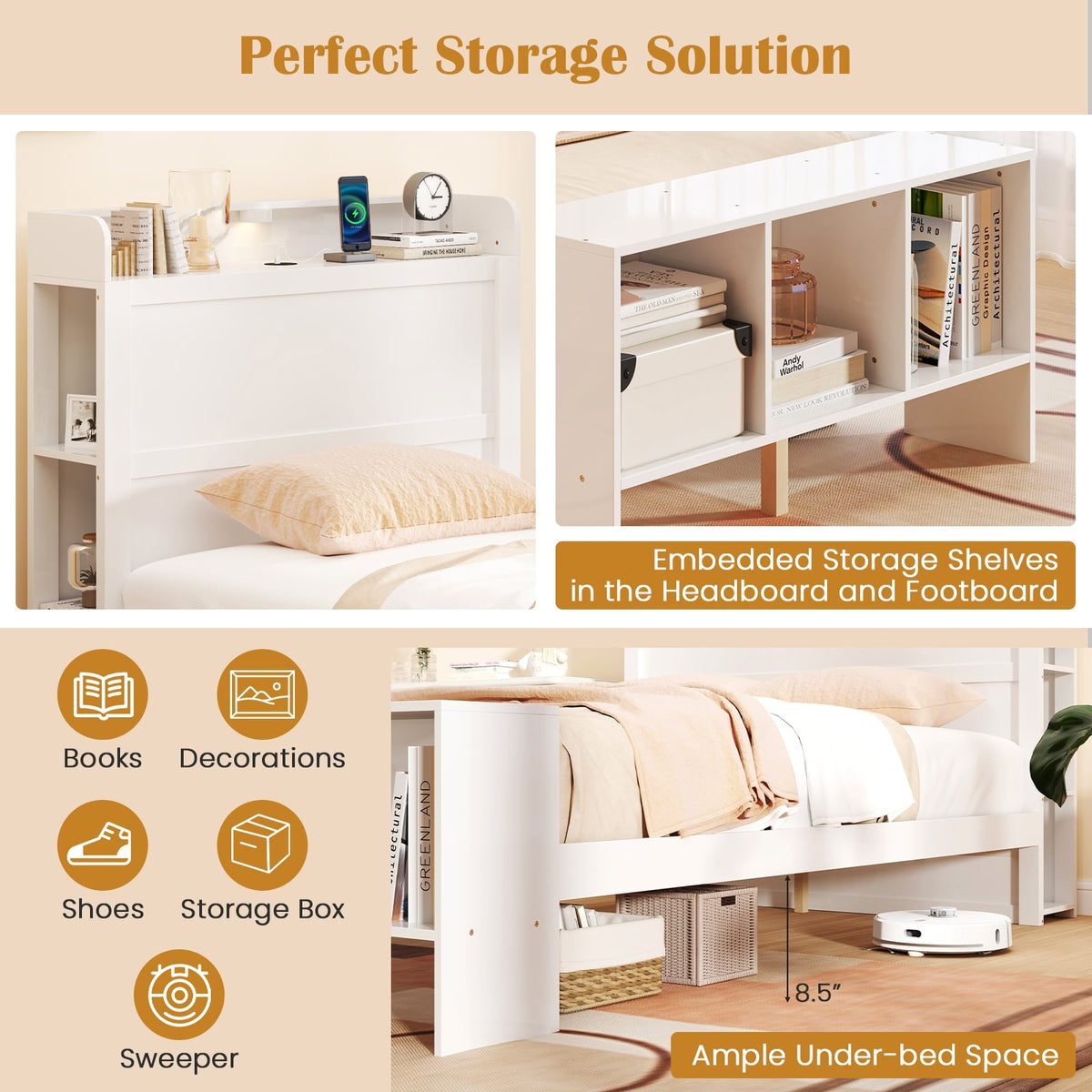 Twin Size Bed Frame with 2 USB Ports with Storage Headboard and Lights-Twin Size-Simple Bed Frame-DECOROLALA