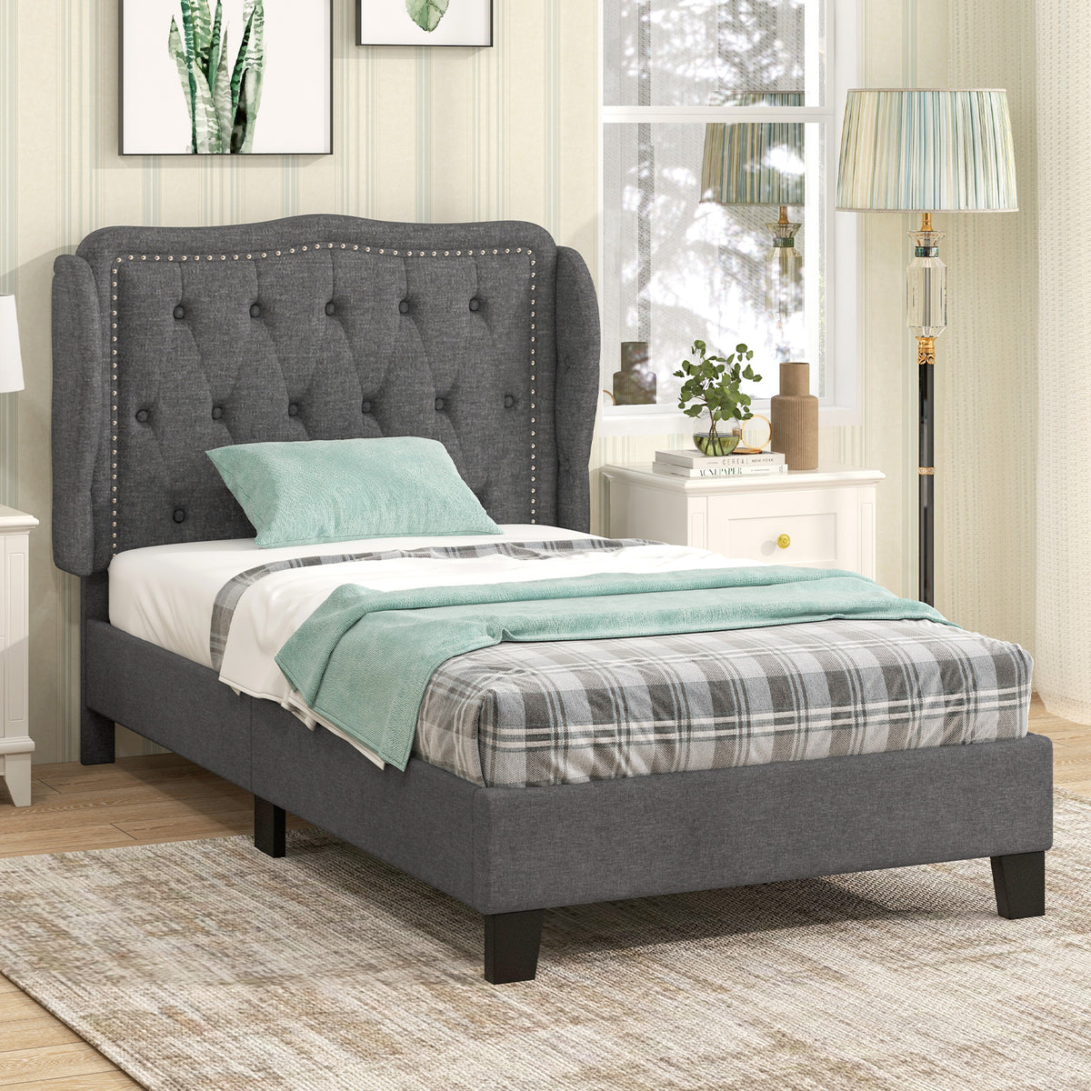 Twin Size Bed Frame with Button Tufted Wingback Headboard and Storage Space-Gray-Simple Bed Frame-DECOROLALA