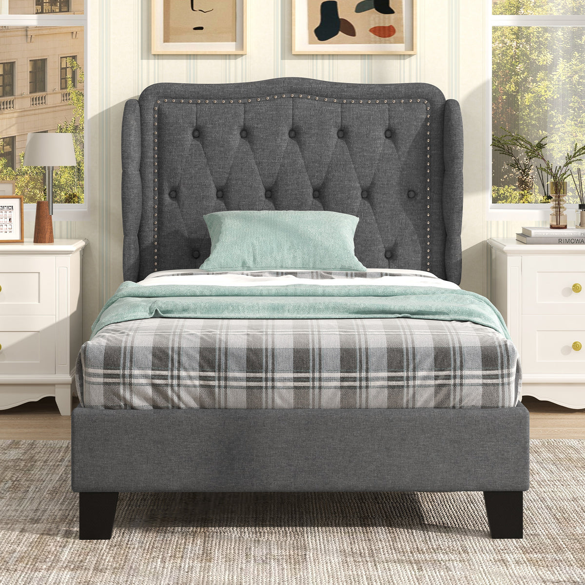 Twin Size Bed Frame with Button Tufted Wingback Headboard and Storage Space-Gray-Simple Bed Frame-DECOROLALA