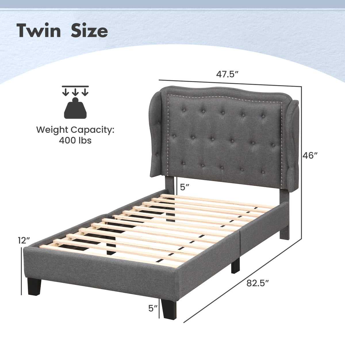 Twin Size Bed Frame with Button Tufted Wingback Headboard and Storage Space-Gray-Simple Bed Frame-DECOROLALA