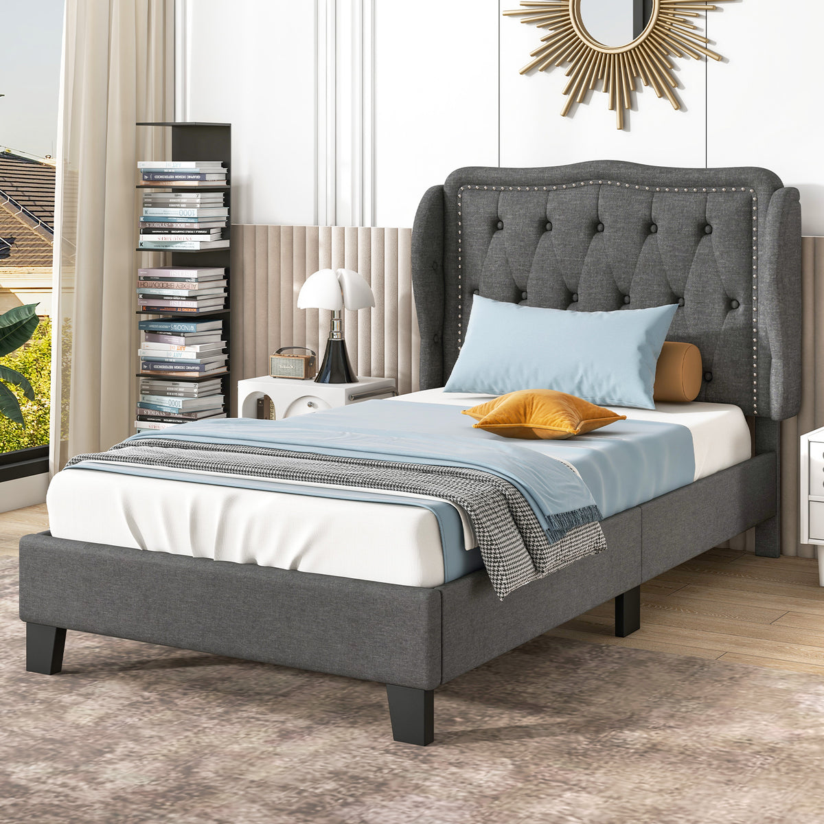 Twin Size Bed Frame with Button Tufted Wingback Headboard and Storage Space-Gray-Simple Bed Frame-DECOROLALA