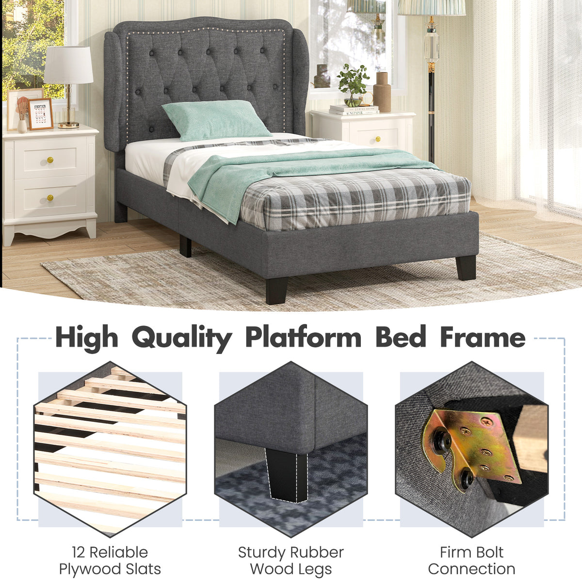 Twin Size Bed Frame with Button Tufted Wingback Headboard and Storage Space-Gray-Simple Bed Frame-DECOROLALA