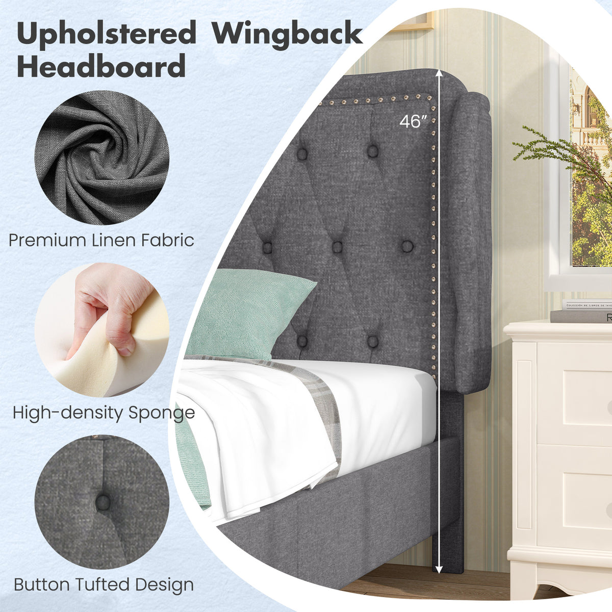 Twin Size Bed Frame with Button Tufted Wingback Headboard and Storage Space-Gray-Simple Bed Frame-DECOROLALA
