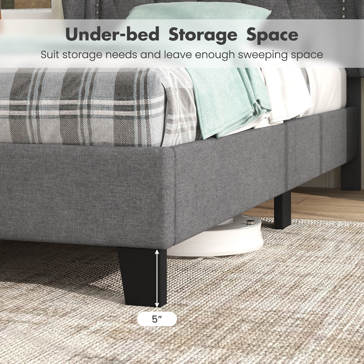 Twin Size Bed Frame with Button Tufted Wingback Headboard and Storage Space-Gray-Simple Bed Frame-DECOROLALA