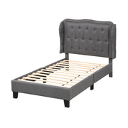 Twin Size Bed Frame with Button Tufted Wingback Headboard and Storage Space-Gray-Simple Bed Frame-DECOROLALA