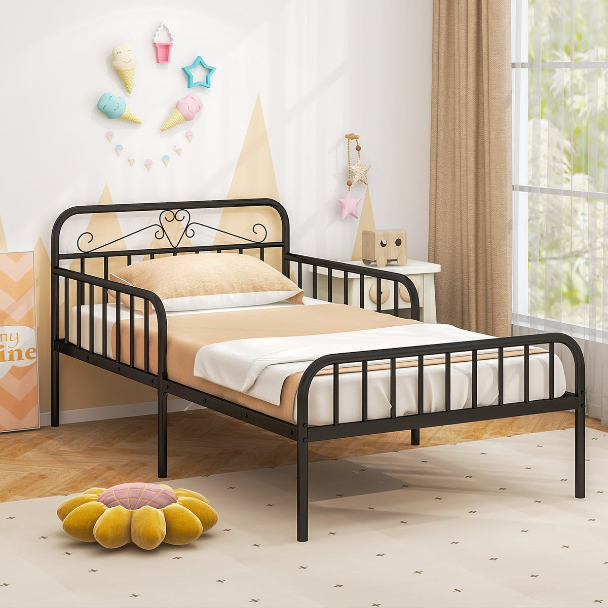 Twin Size Bed Frame with Headboard and Safety Side Guardrails-Black-Simple Bed Frame-DECOROLALA