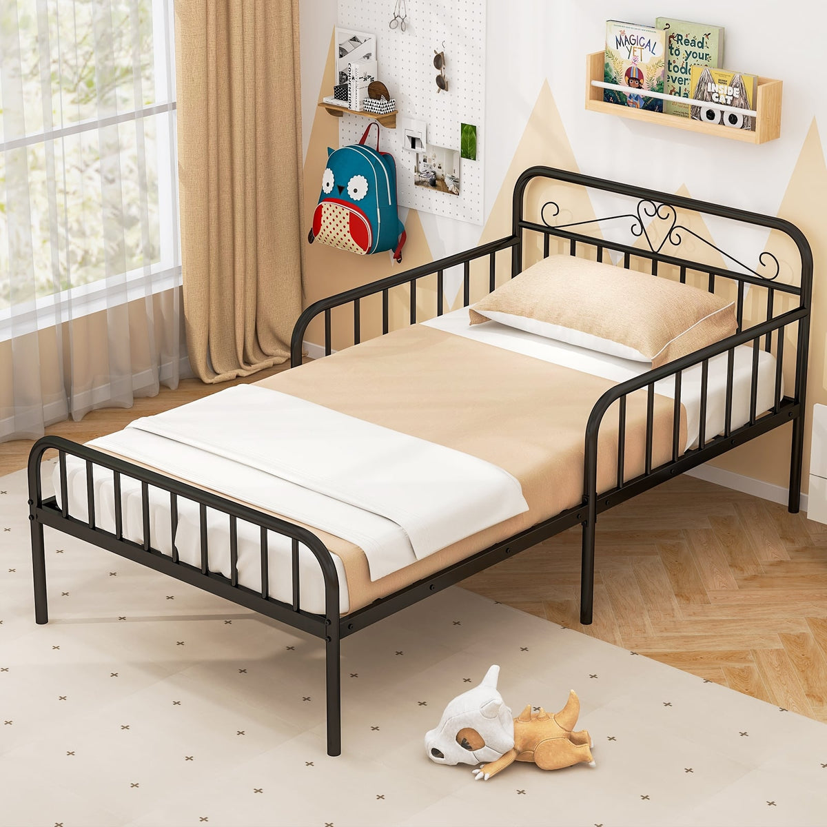 Twin Size Bed Frame with Headboard and Safety Side Guardrails-Black-Simple Bed Frame-DECOROLALA