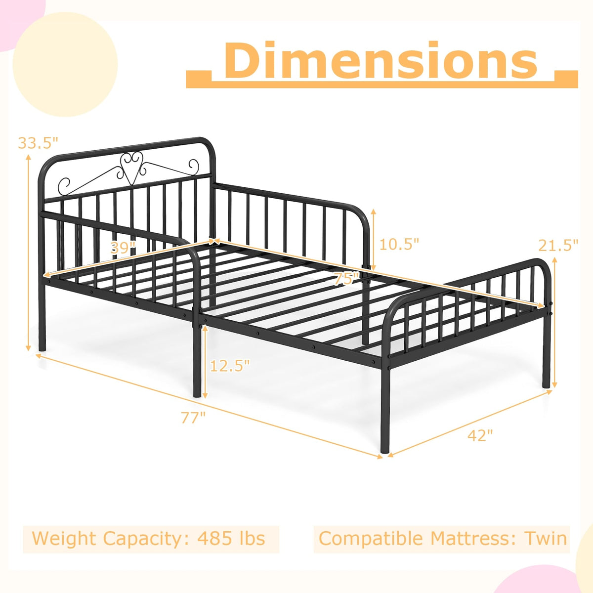 Twin Size Bed Frame with Headboard and Safety Side Guardrails-Black-Simple Bed Frame-DECOROLALA