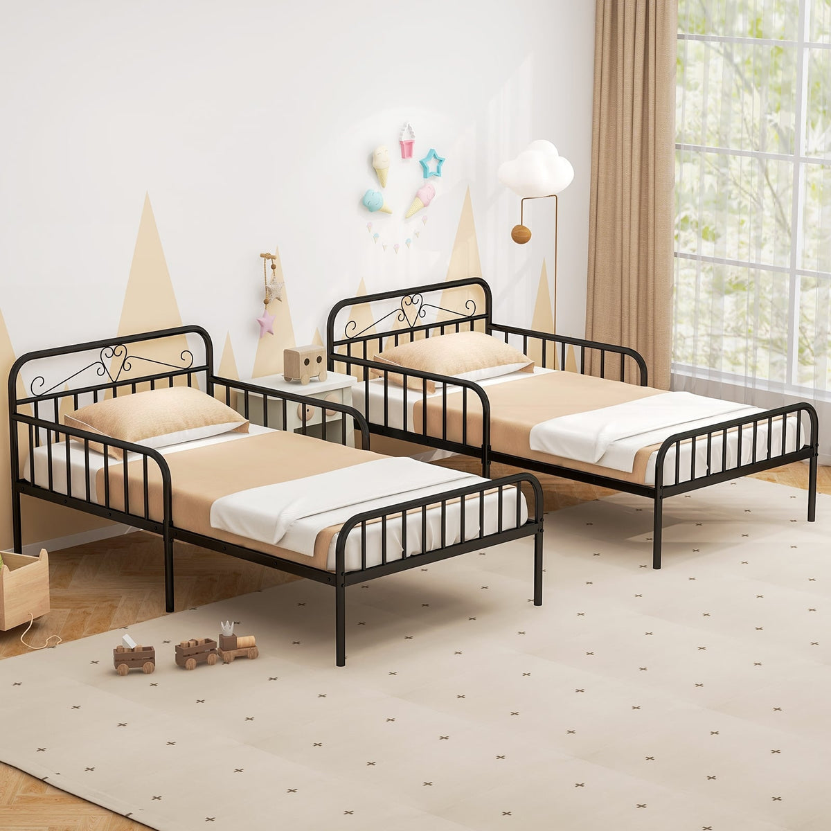 Twin Size Bed Frame with Headboard and Safety Side Guardrails-Black-Simple Bed Frame-DECOROLALA