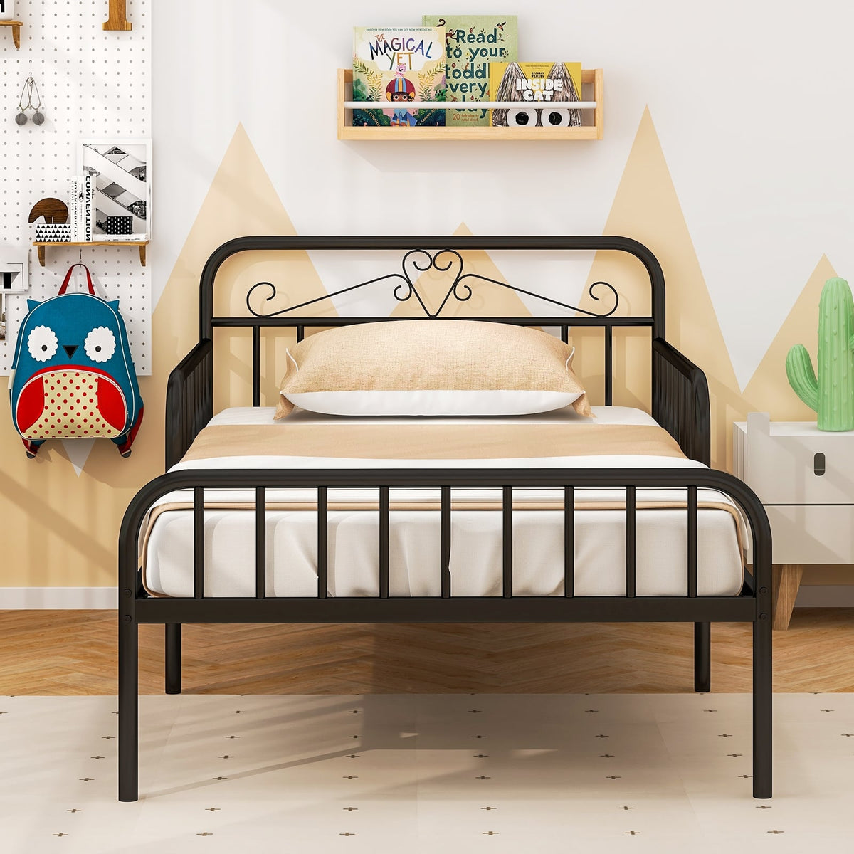 Twin Size Bed Frame with Headboard and Safety Side Guardrails-Black-Simple Bed Frame-DECOROLALA