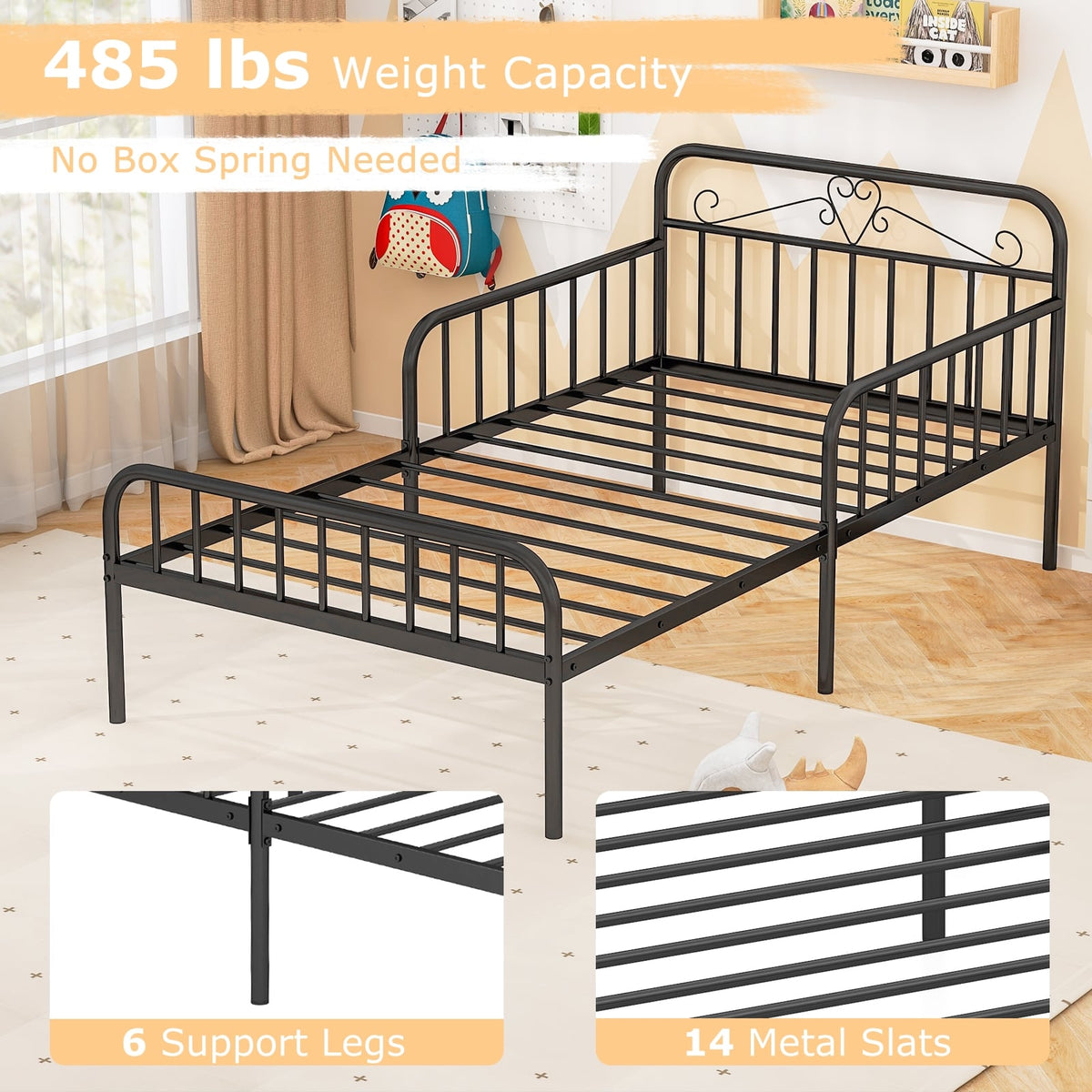Twin Size Bed Frame with Headboard and Safety Side Guardrails-Black-Simple Bed Frame-DECOROLALA