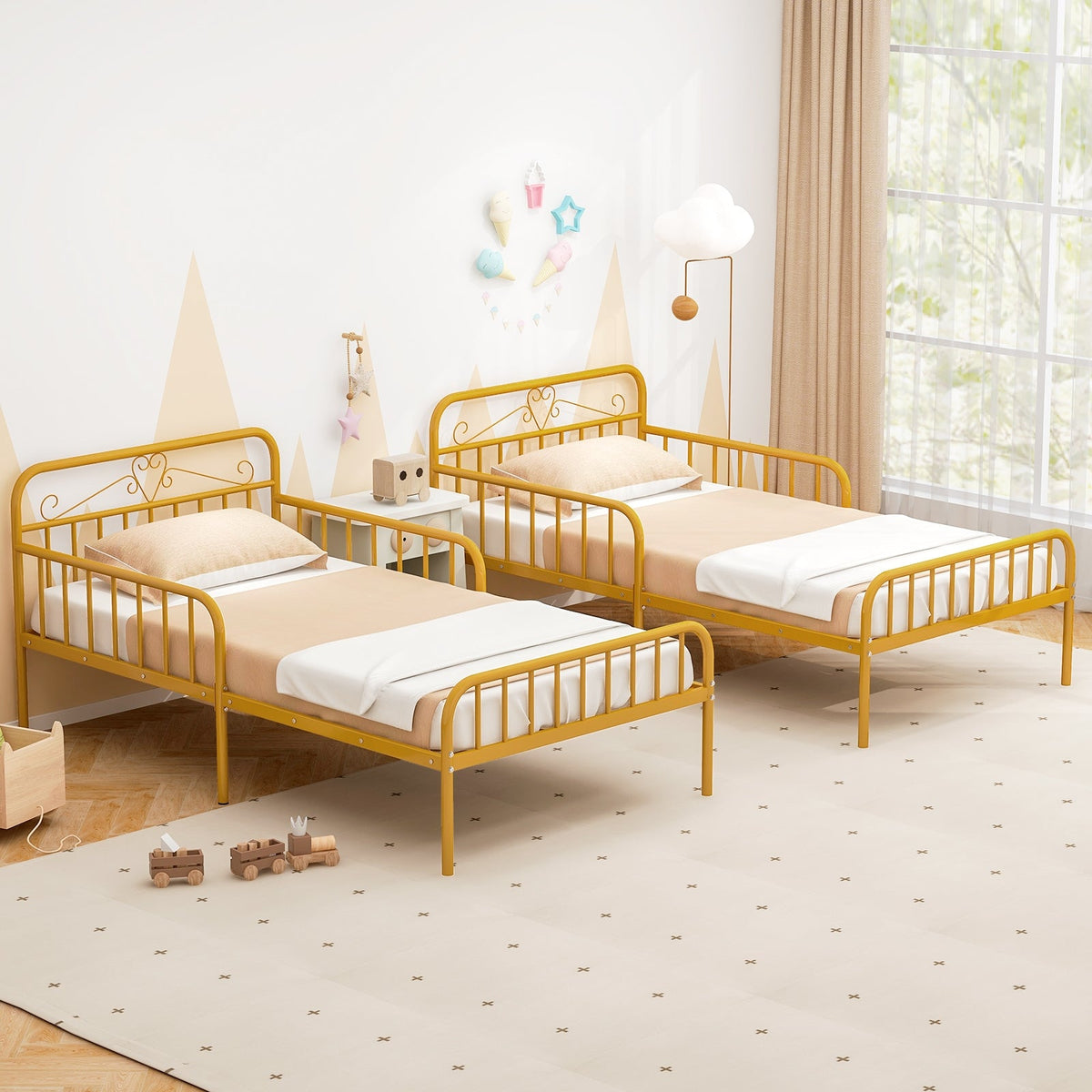 Twin Size Bed Frame with Headboard and Safety Side Guardrails-Simple Bed Frame-DECOROLALA